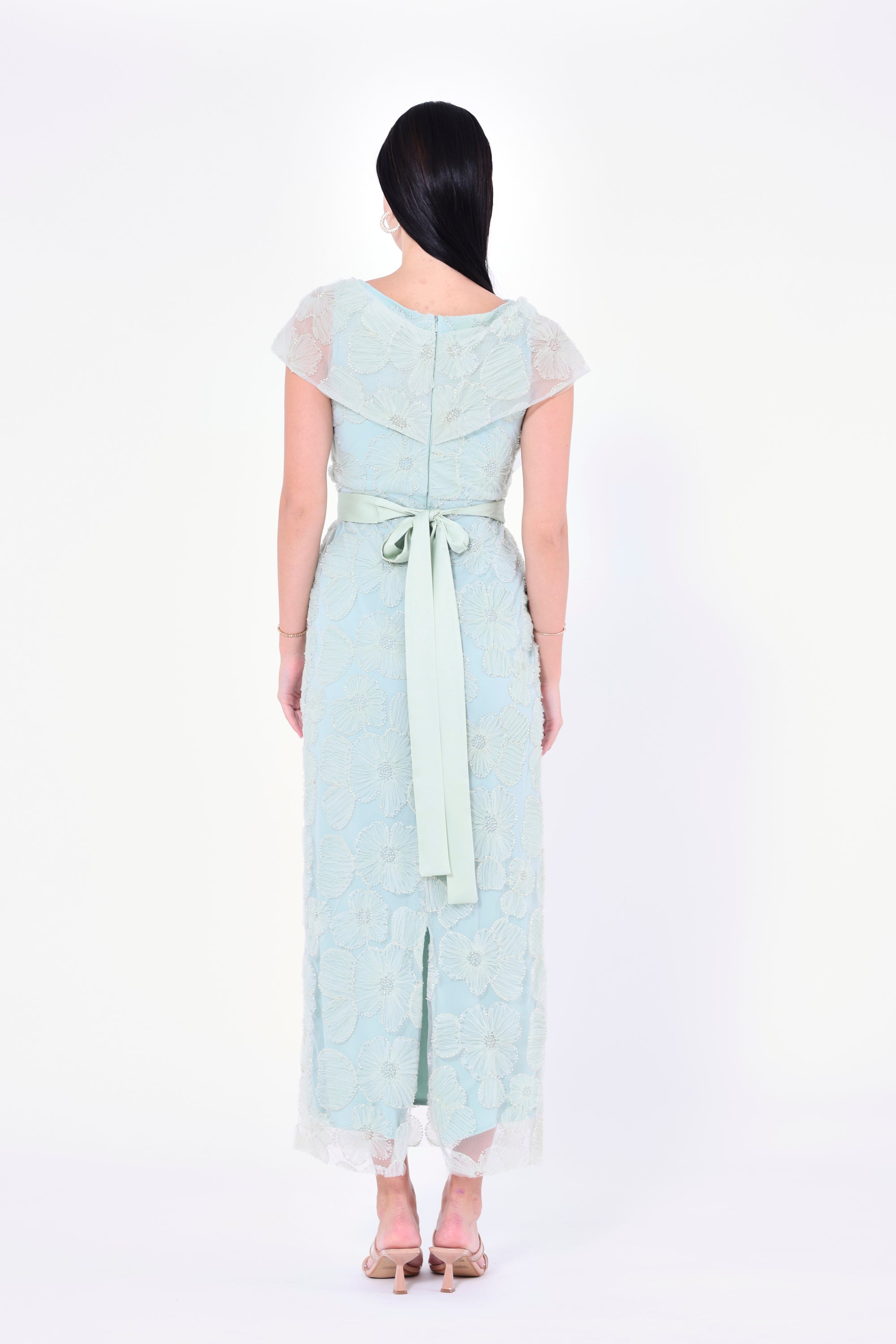 Gathered Flower Appliqué Embellished Gown