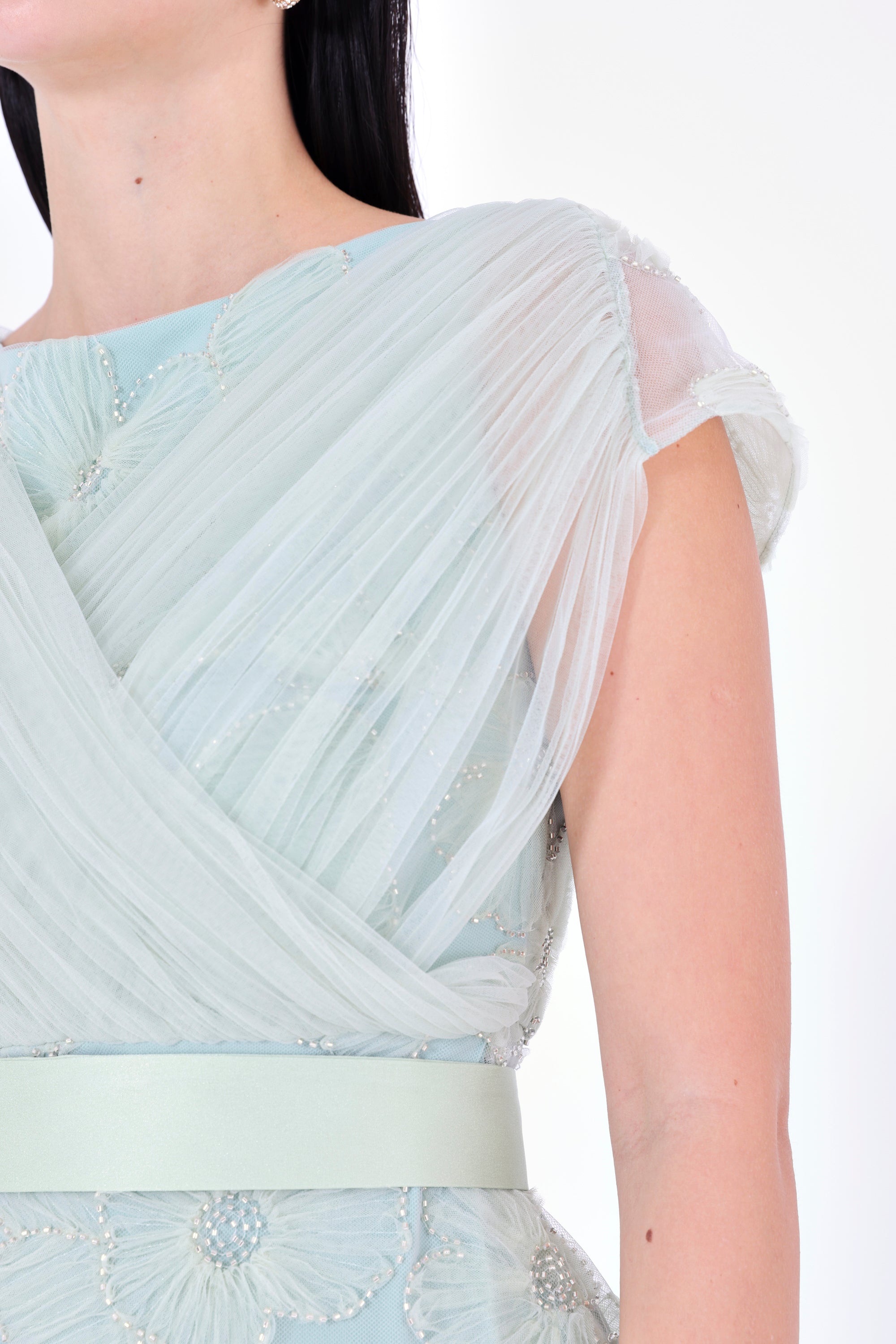 Gathered Flower Appliqué Embellished Gown