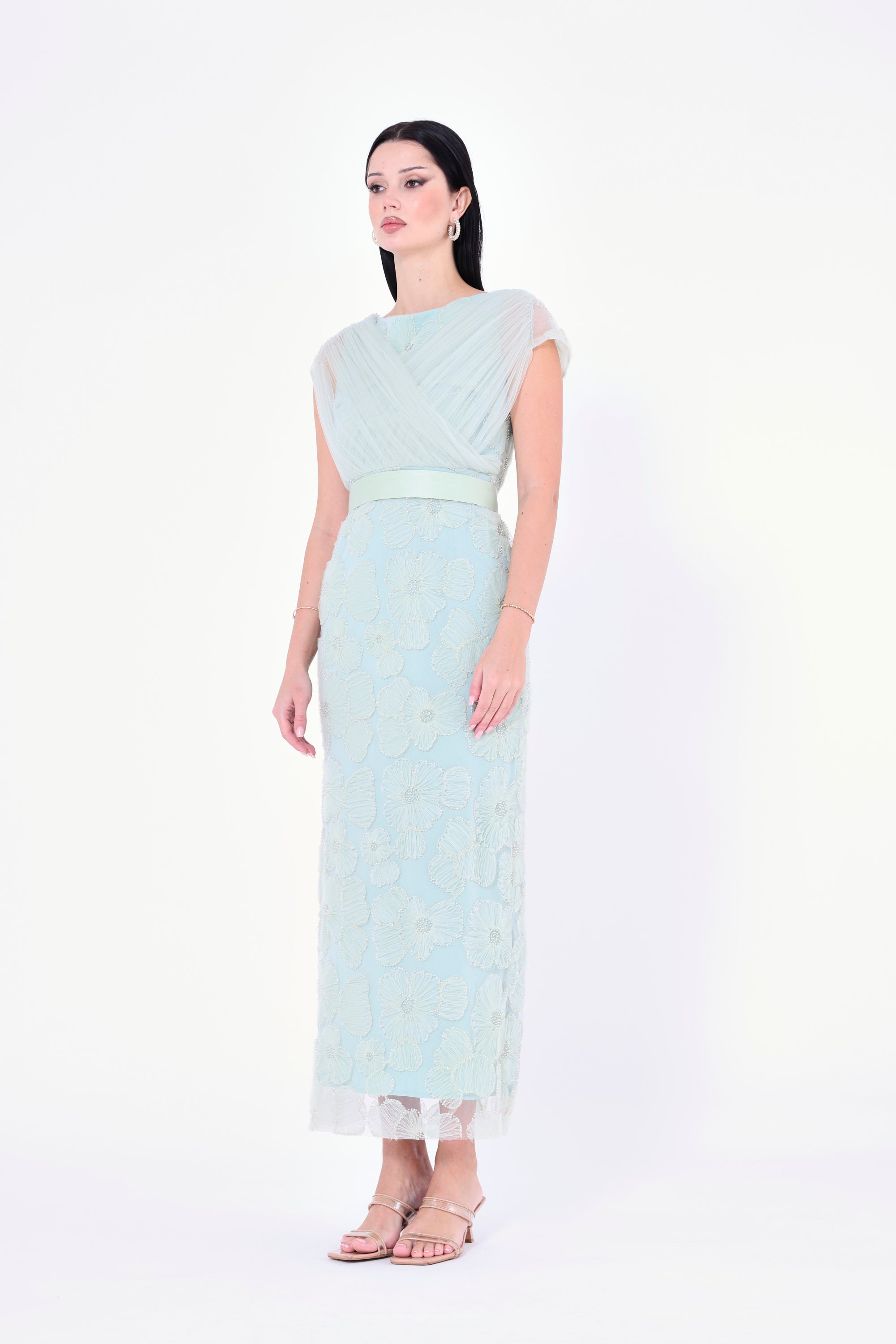 Gathered Flower Appliqué Embellished Gown