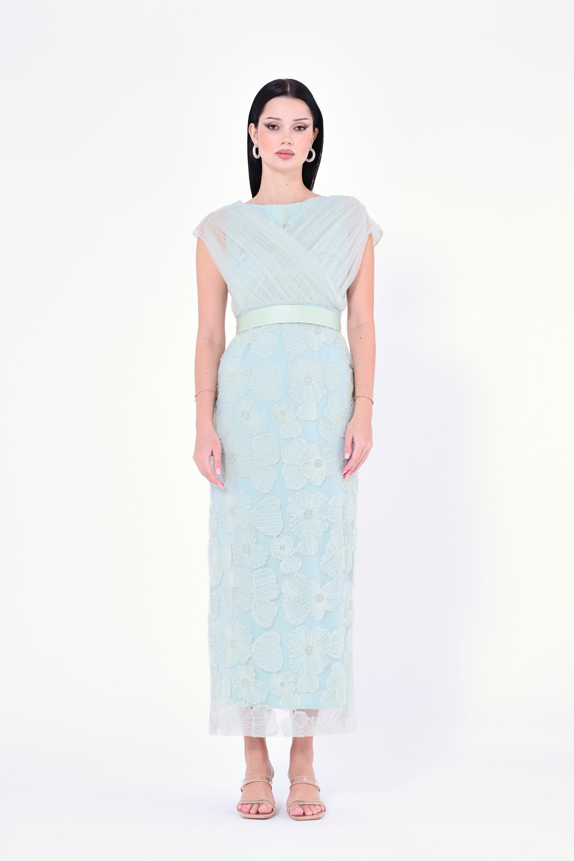 Gathered Flower Appliqué Embellished Gown