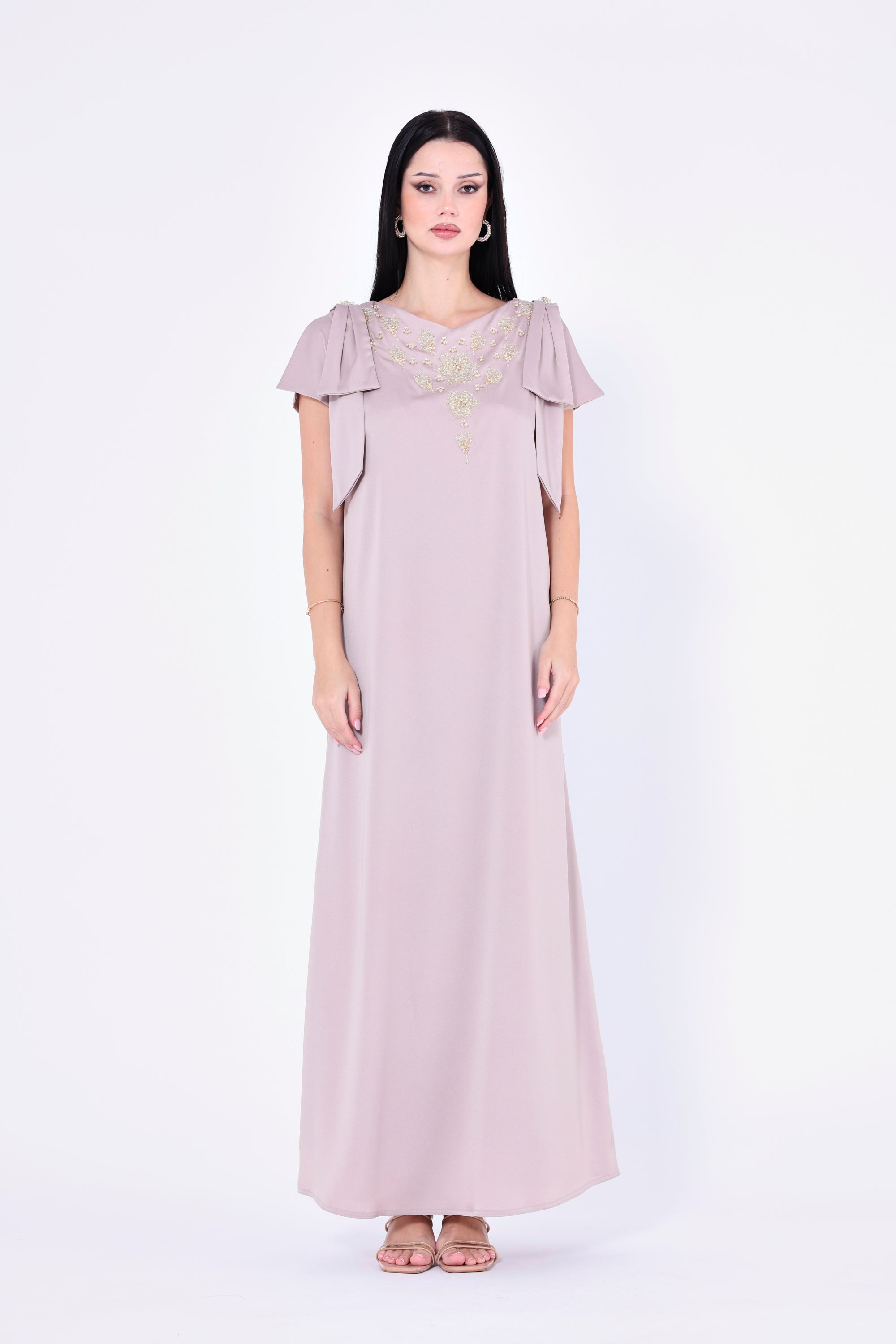 Embellished V-Neck Bow Detail Gown
