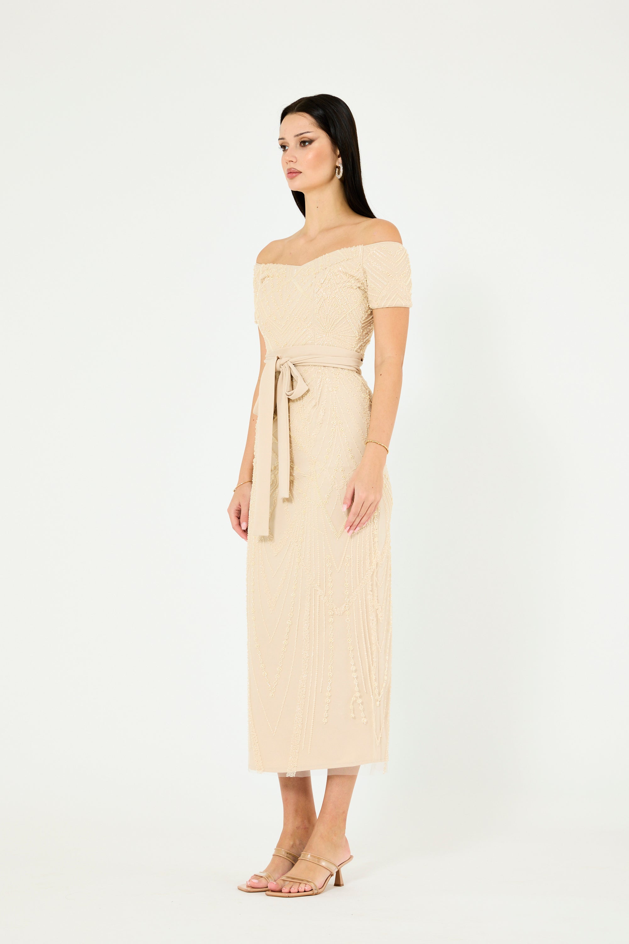 Embellished Off-The-Shoulder Midi Dress