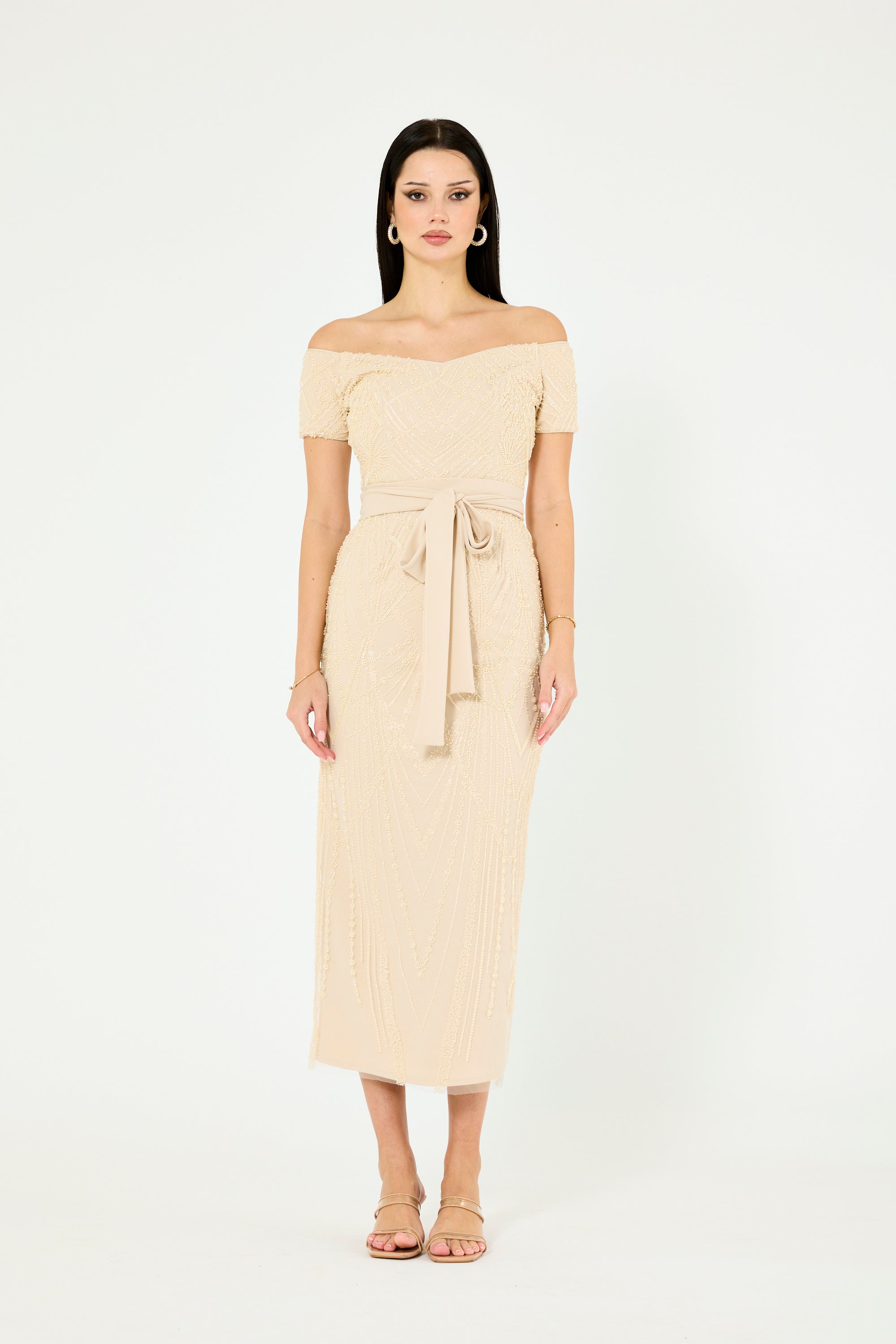 Embellished Off-The-Shoulder Midi Dress