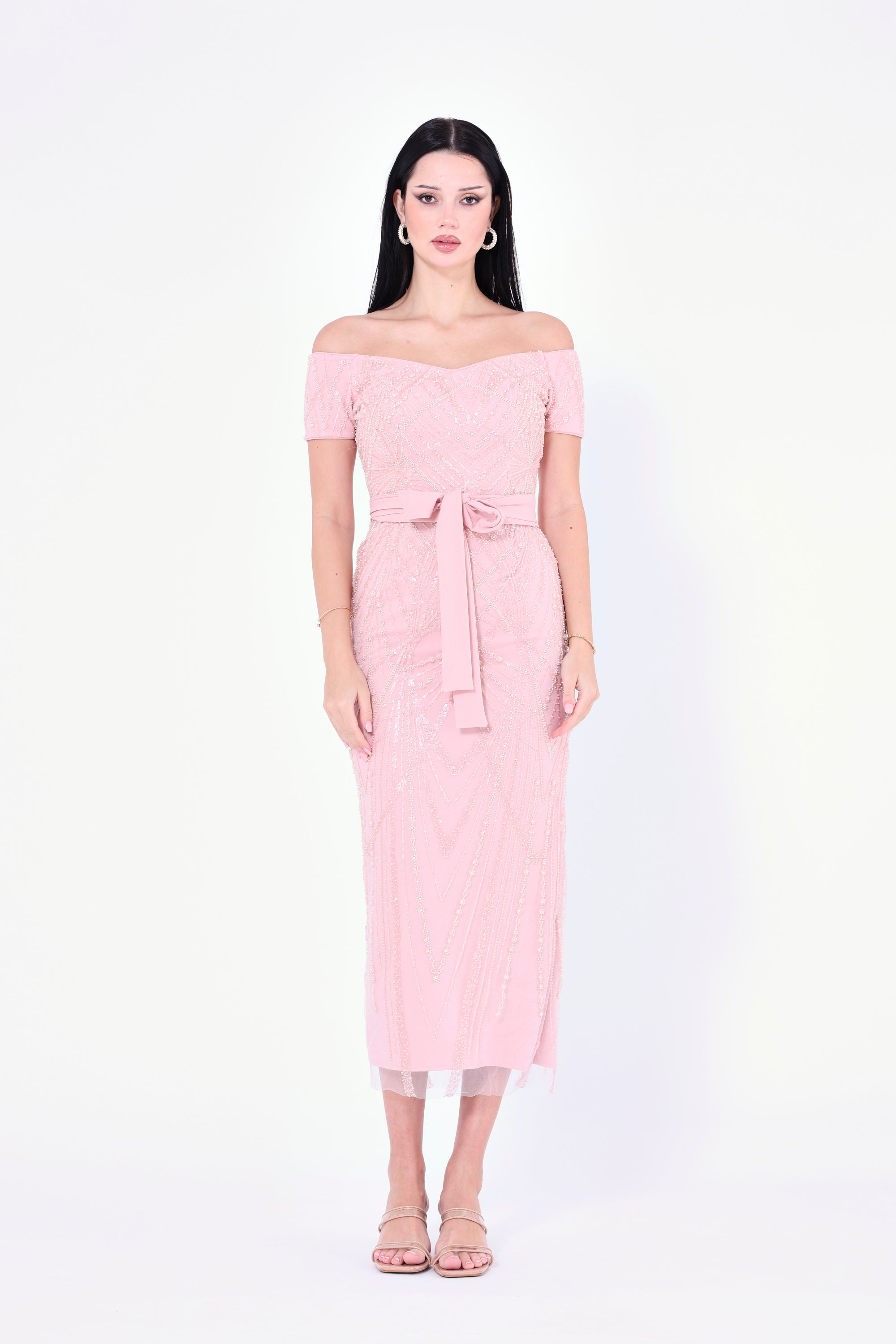 Embellished Off-The-Shoulder Midi Dress