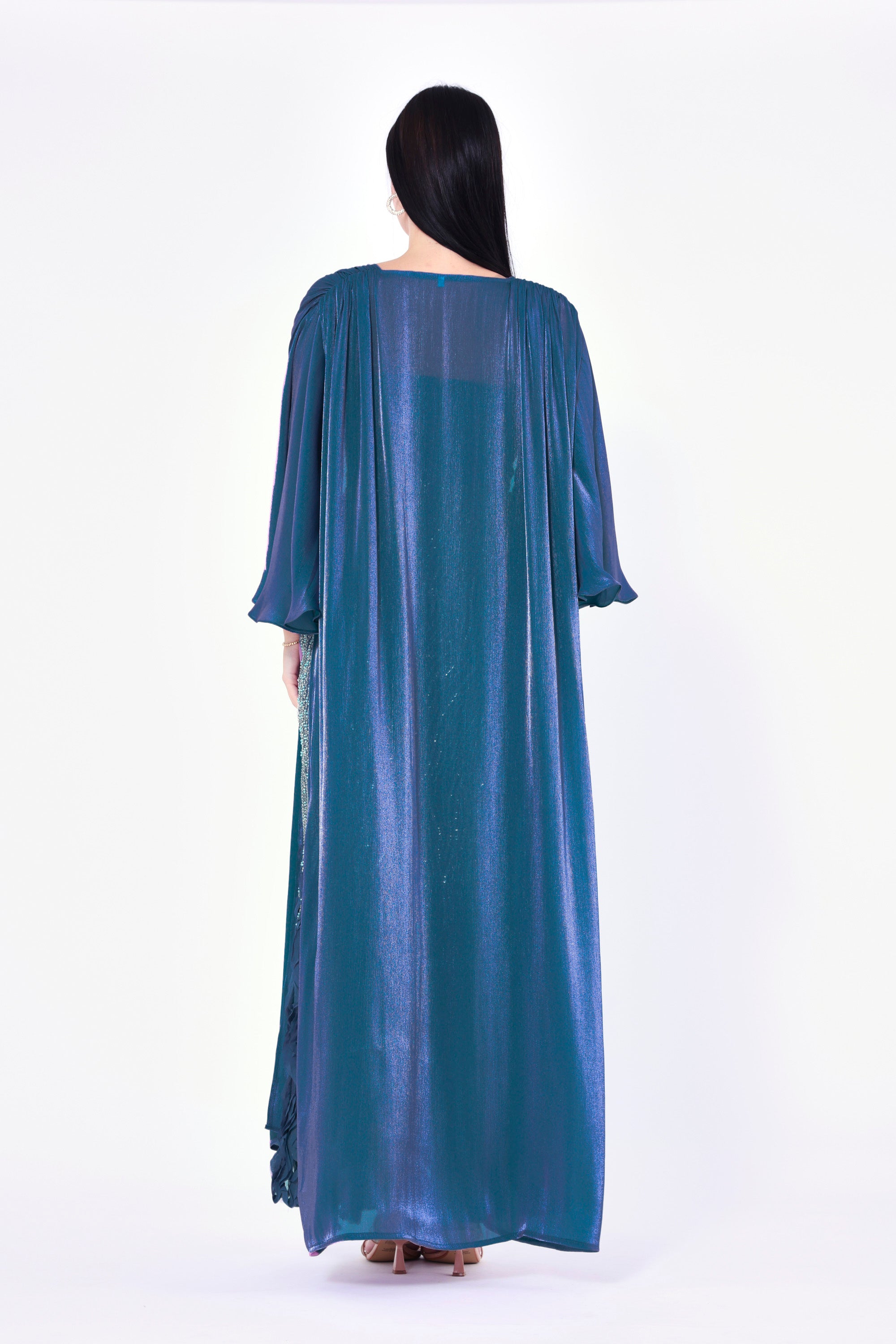 Ruffles Embellished Tulle Dress With Long Overlay Bisht