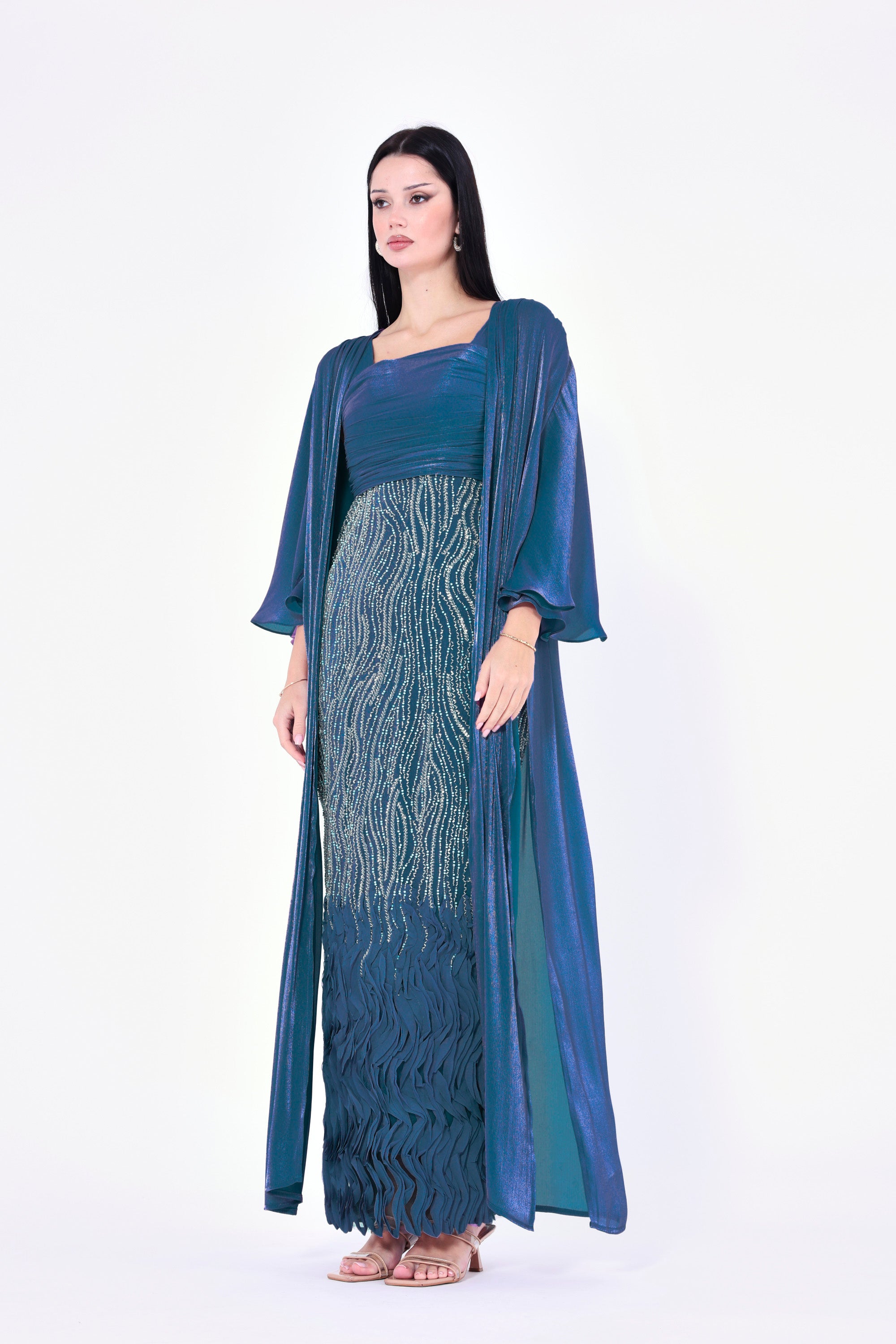 Ruffles Embellished Tulle Dress With Long Overlay Bisht
