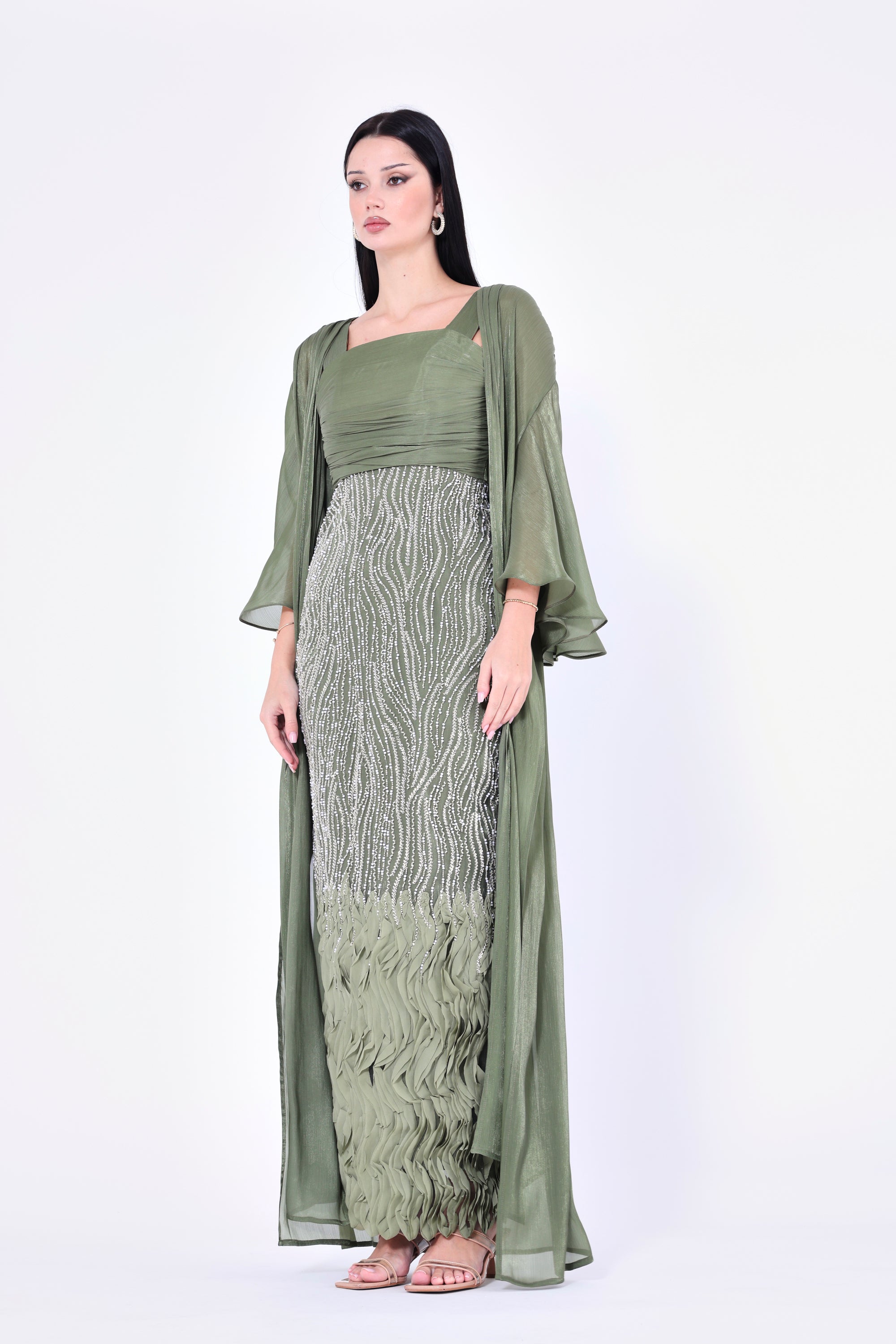 Ruffles Embellished Tulle Dress With Long Overlay Bisht
