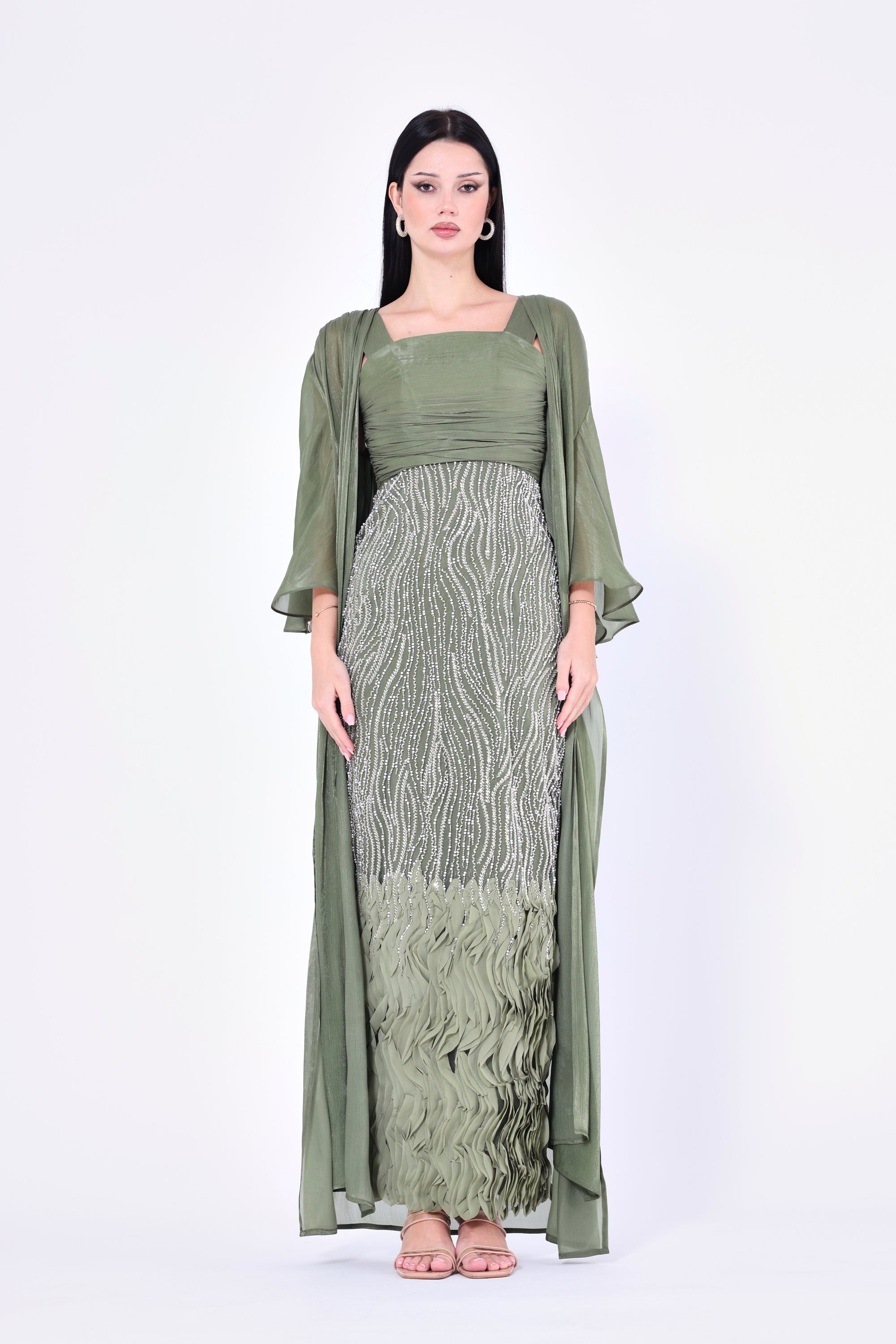 Ruffles Embellished Tulle Dress With Long Overlay Bisht