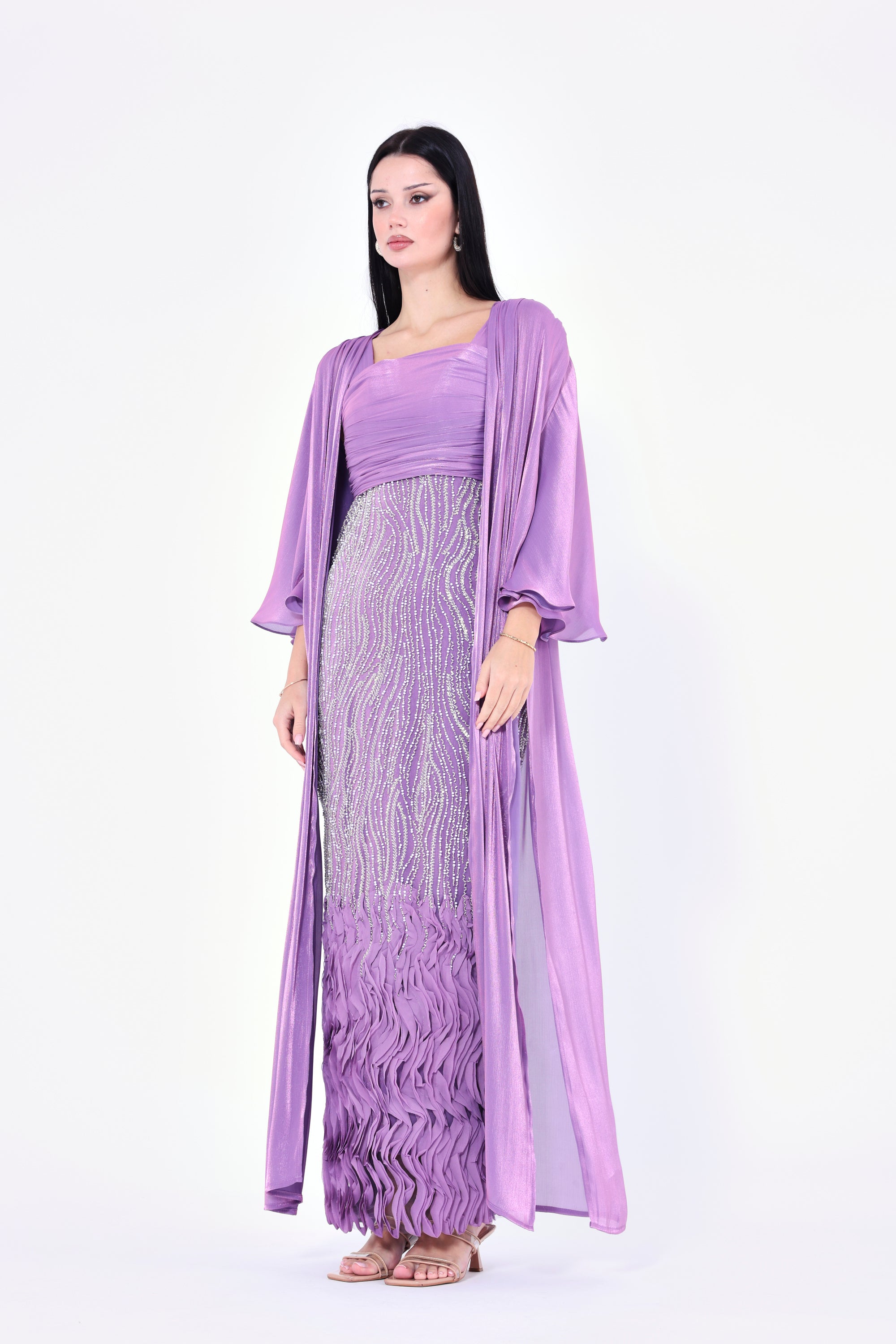 Ruffles Embellished Tulle Dress With Long Overlay Bisht