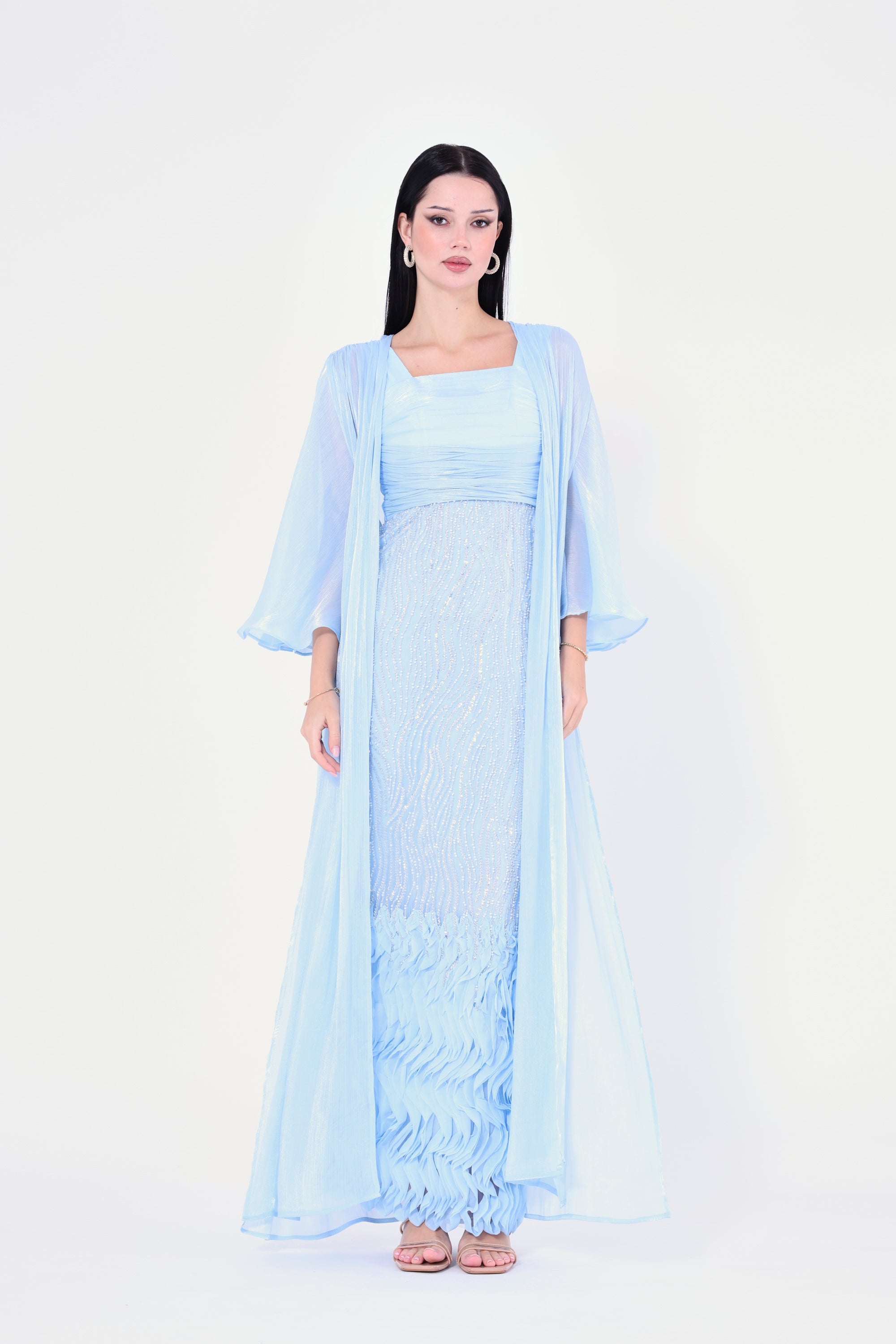 Ruffles Embellished Tulle Dress With Long Overlay Bisht