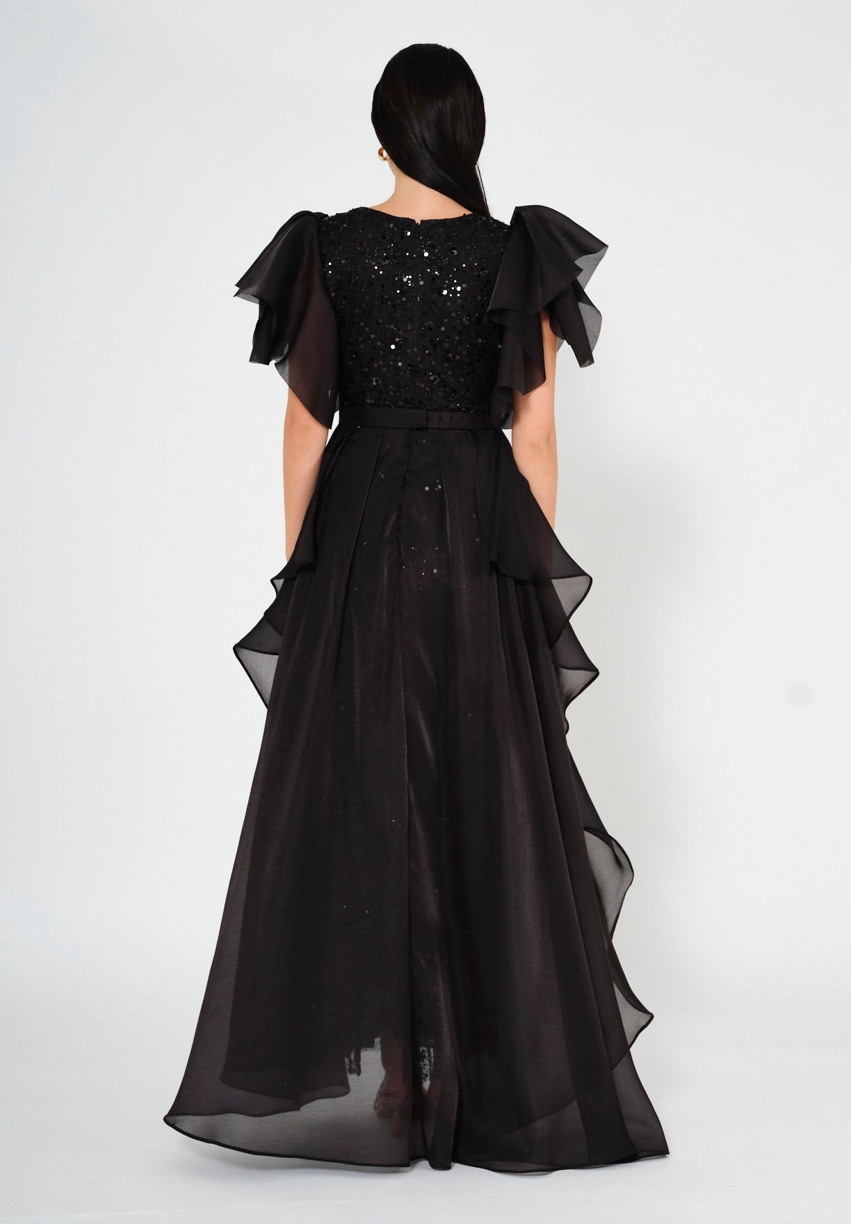 Flare Sleeve Draped Embellished A-Line Gown