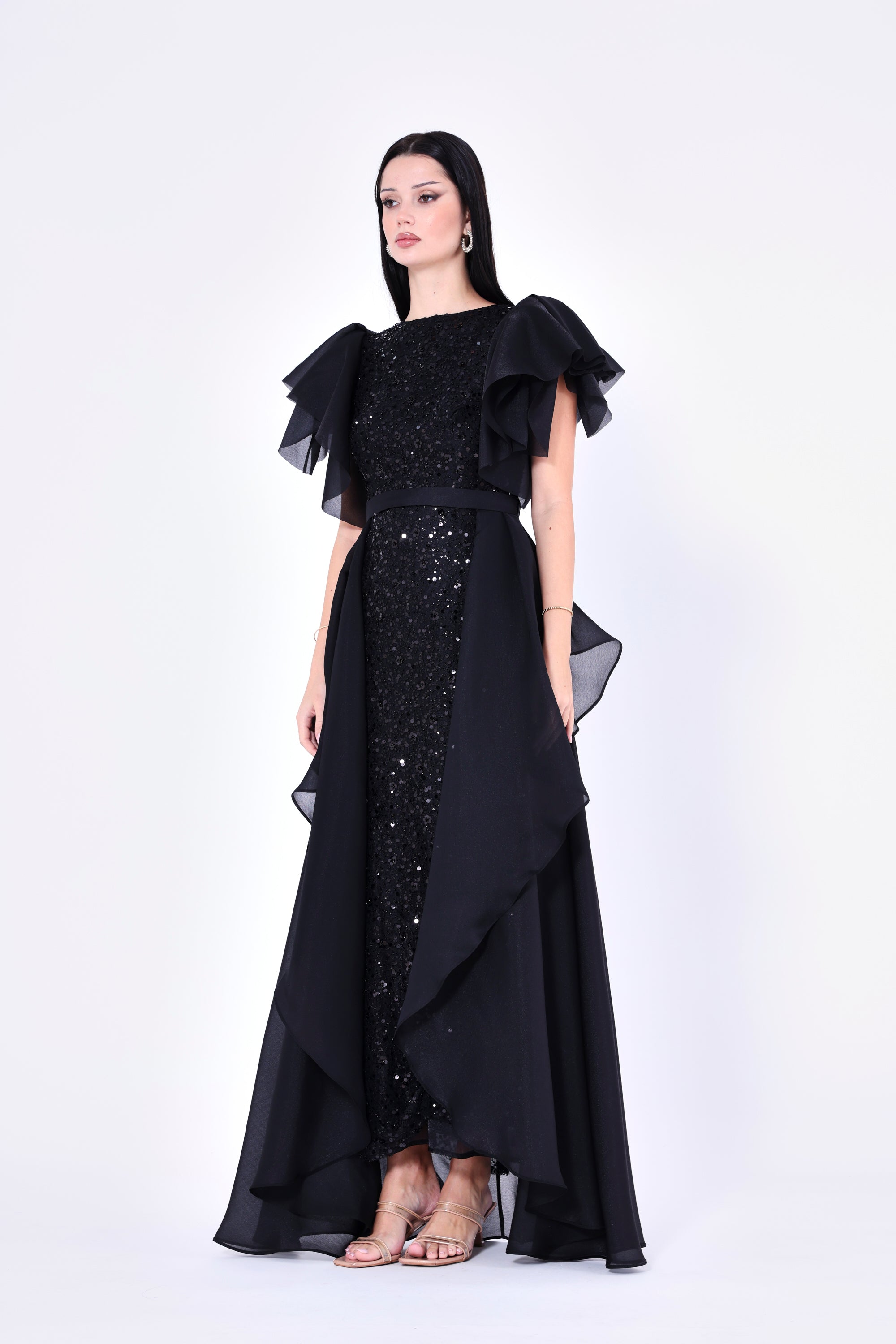 Flare Sleeve Draped Embellished A-Line Gown