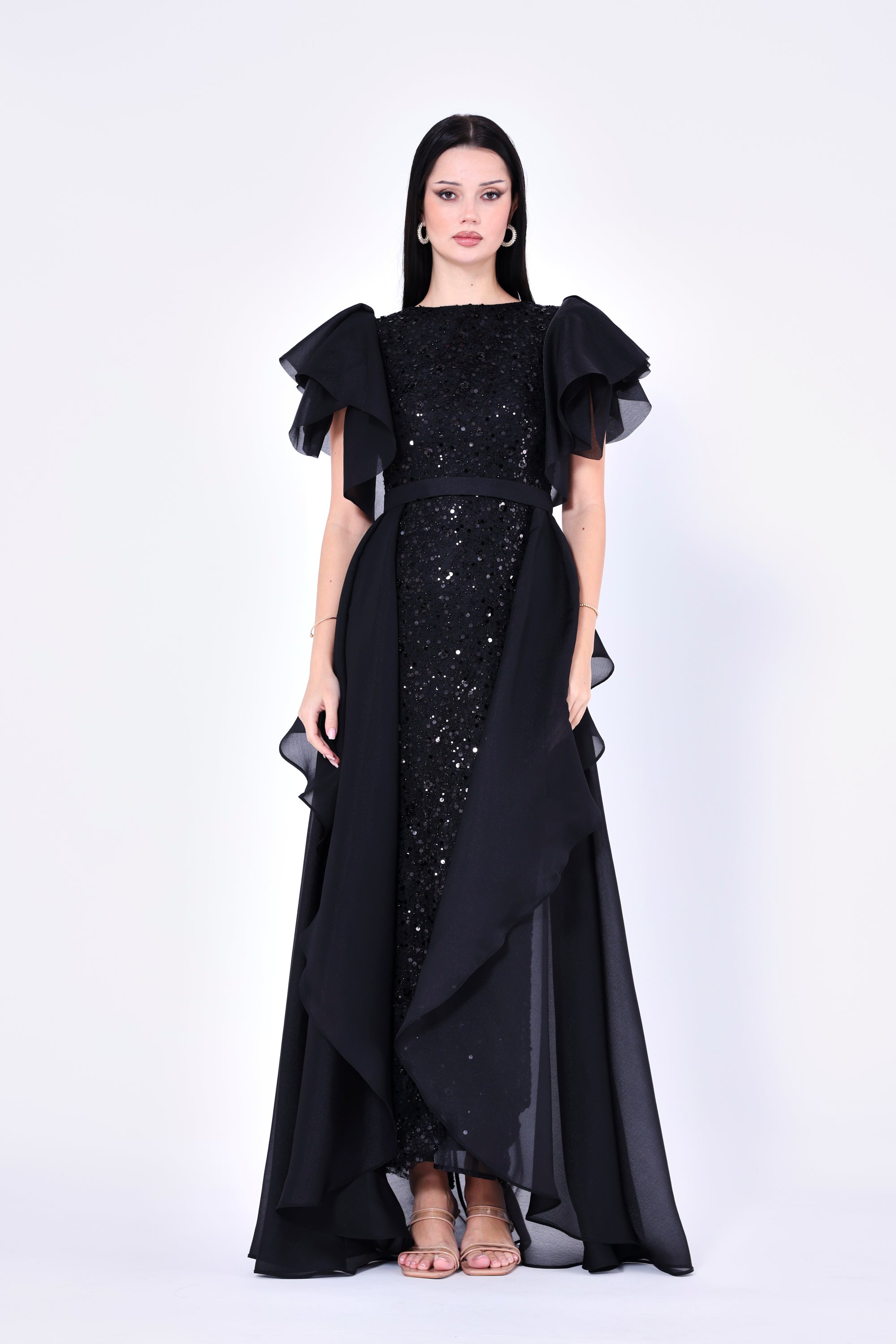 Flare Sleeve Draped Embellished A-Line Gown
