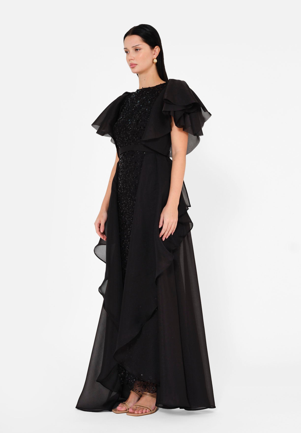 Flare Sleeve Draped Embellished A-Line Gown