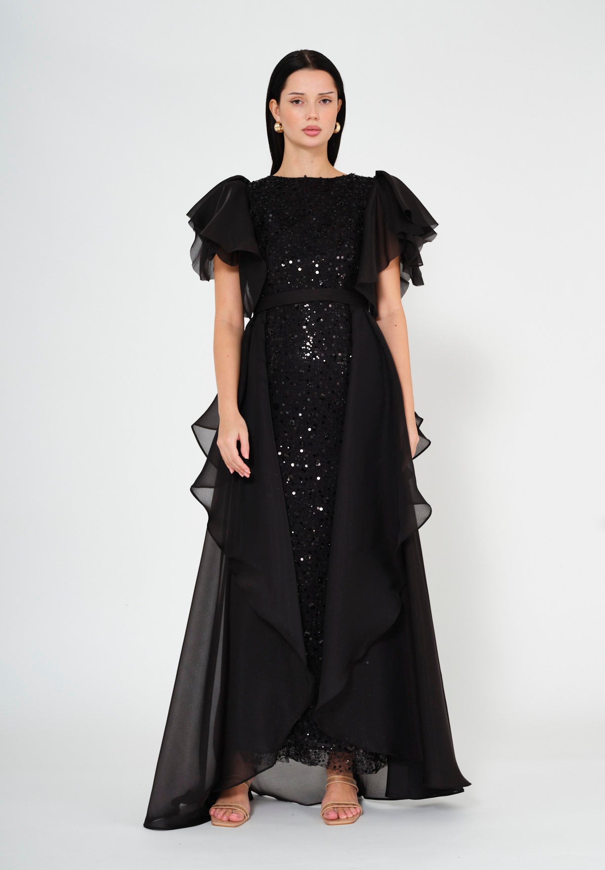 Flare Sleeve Draped Embellished A-Line Gown