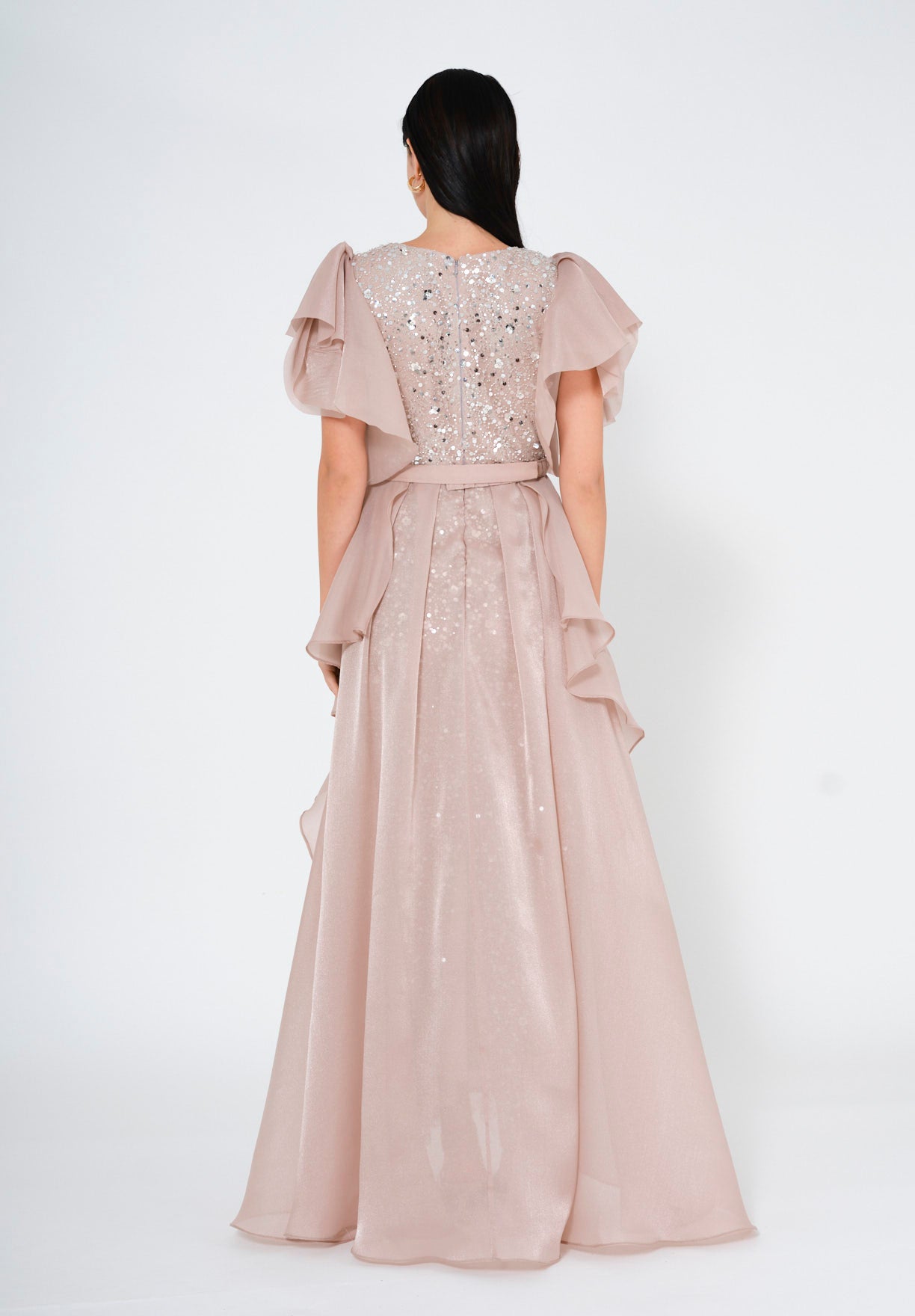 Flare Sleeve Draped Embellished A-Line Gown