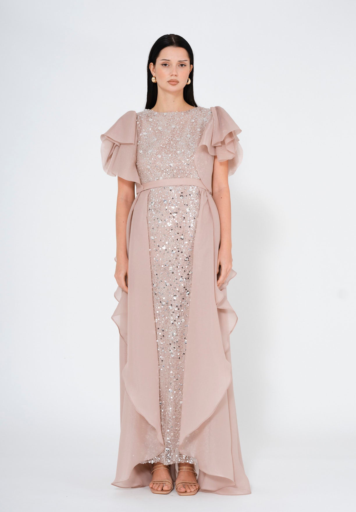 Flare Sleeve Draped Embellished A-Line Gown