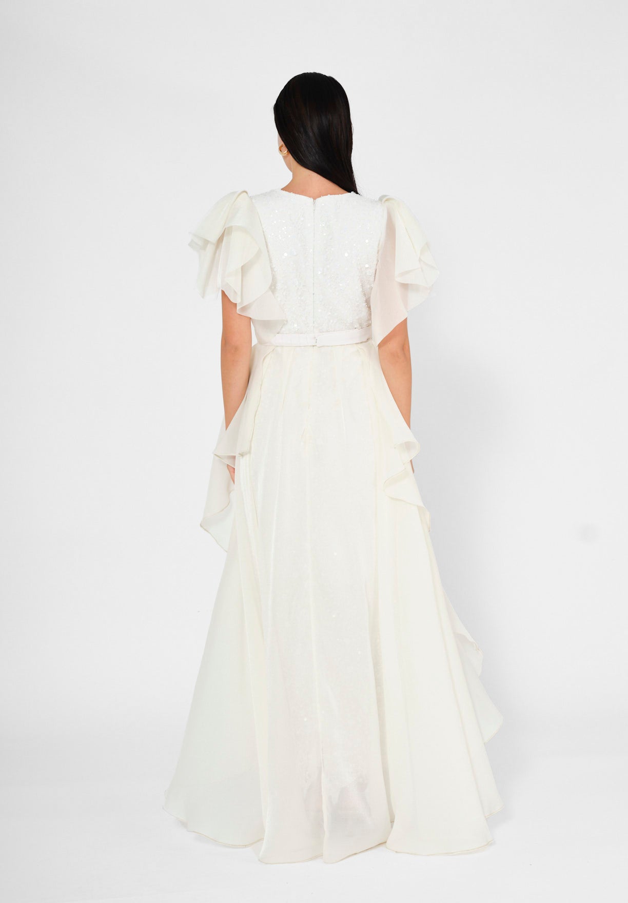 Flare Sleeve Draped Embellished A-Line Gown