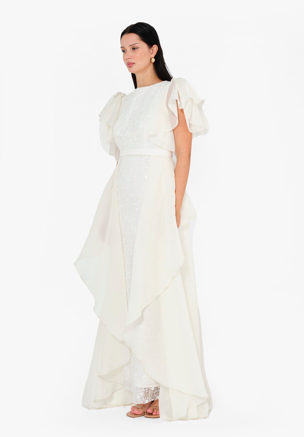 Flare Sleeve Draped Embellished A-Line Gown