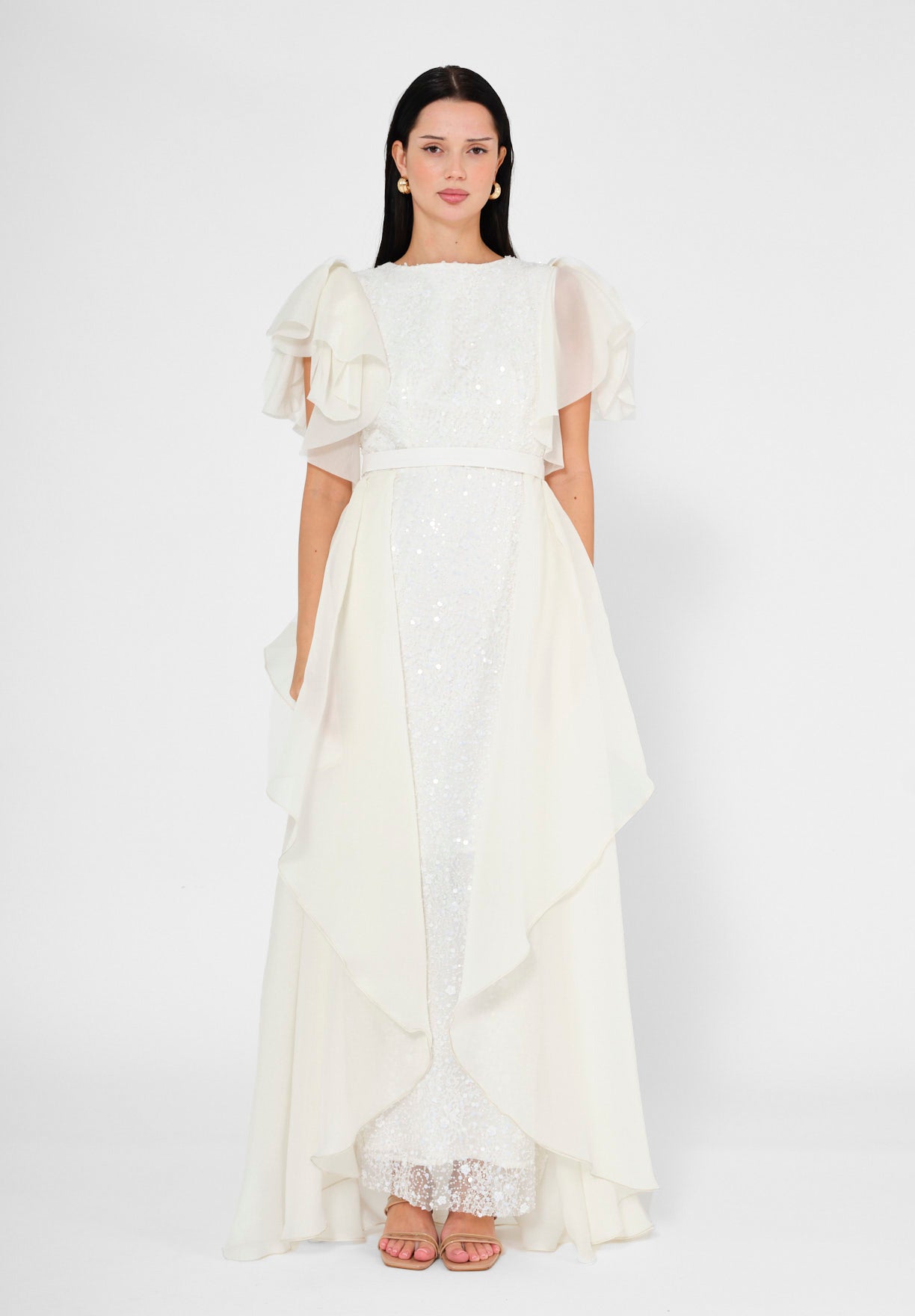 Flare Sleeve Draped Embellished A-Line Gown