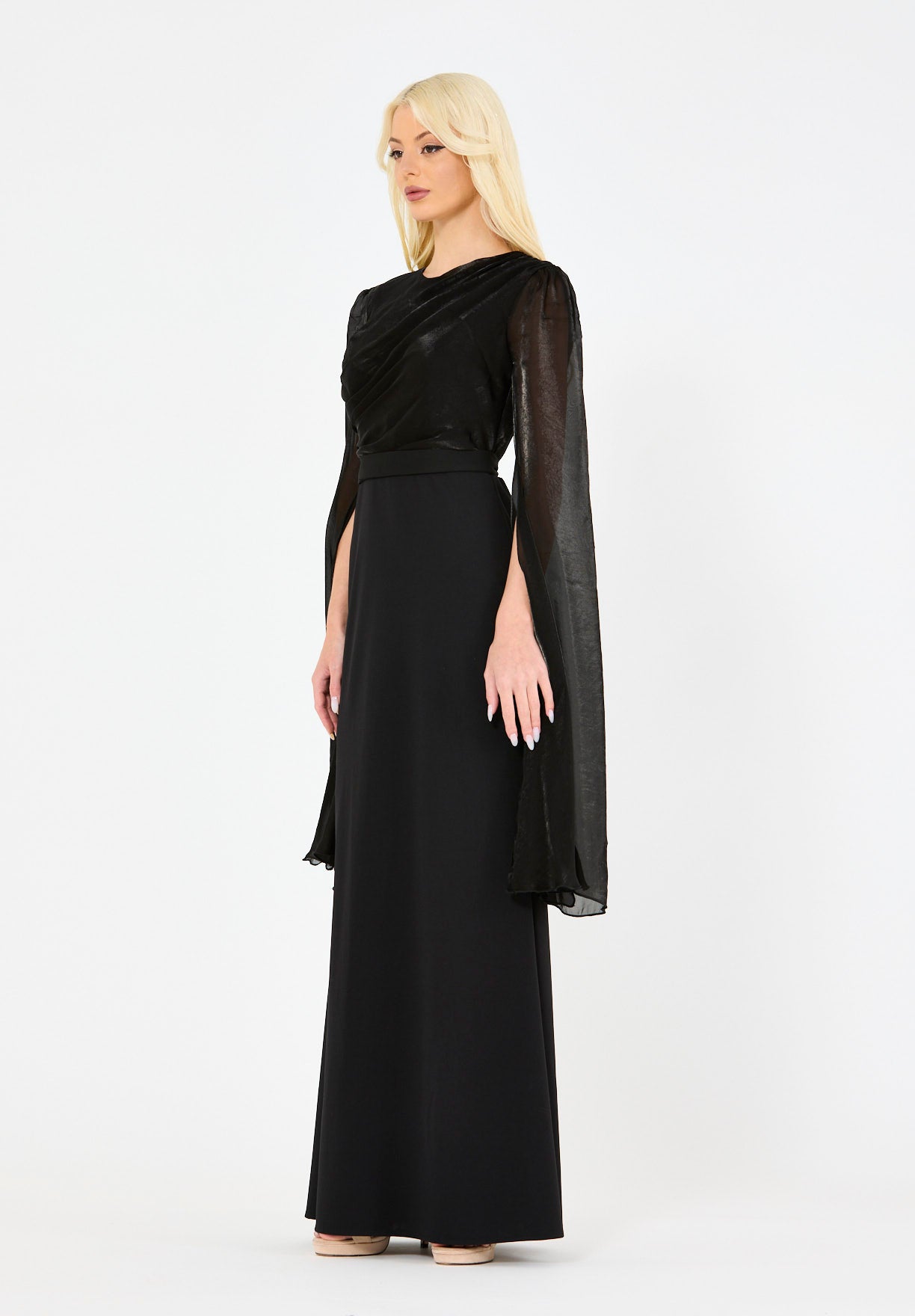 Soft Overlay Draped Cape Sleeves Gown