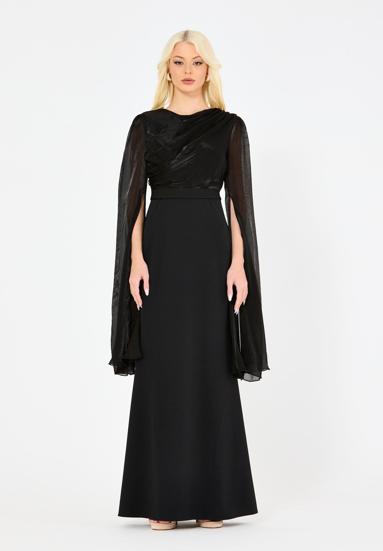 Soft Overlay Draped Cape Sleeves Gown