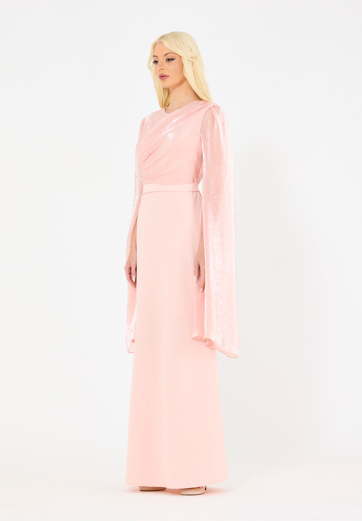 Soft Overlay Draped Cape Sleeves Gown
