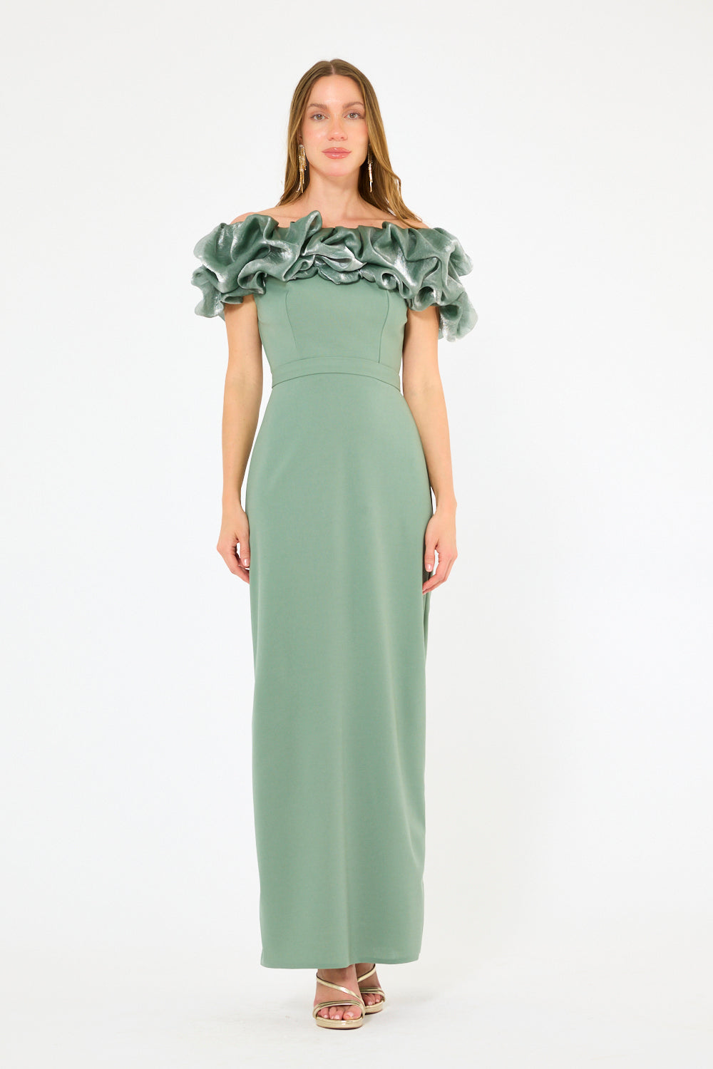Ruffled Off-Shoulder Column Gown