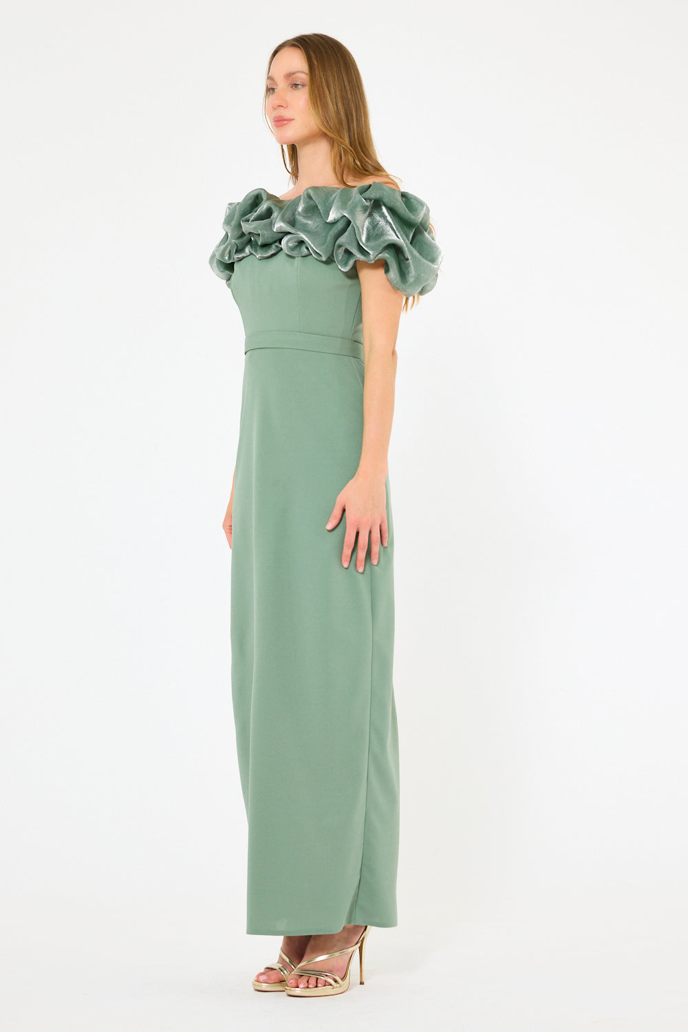 Ruffled Off-Shoulder Column Gown