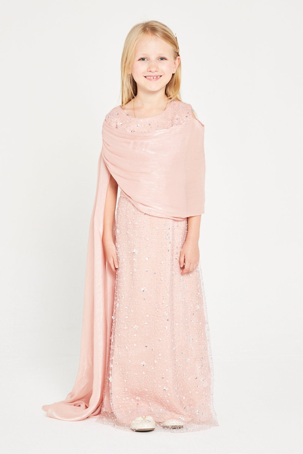 Sequin Gown With Shawl Drape