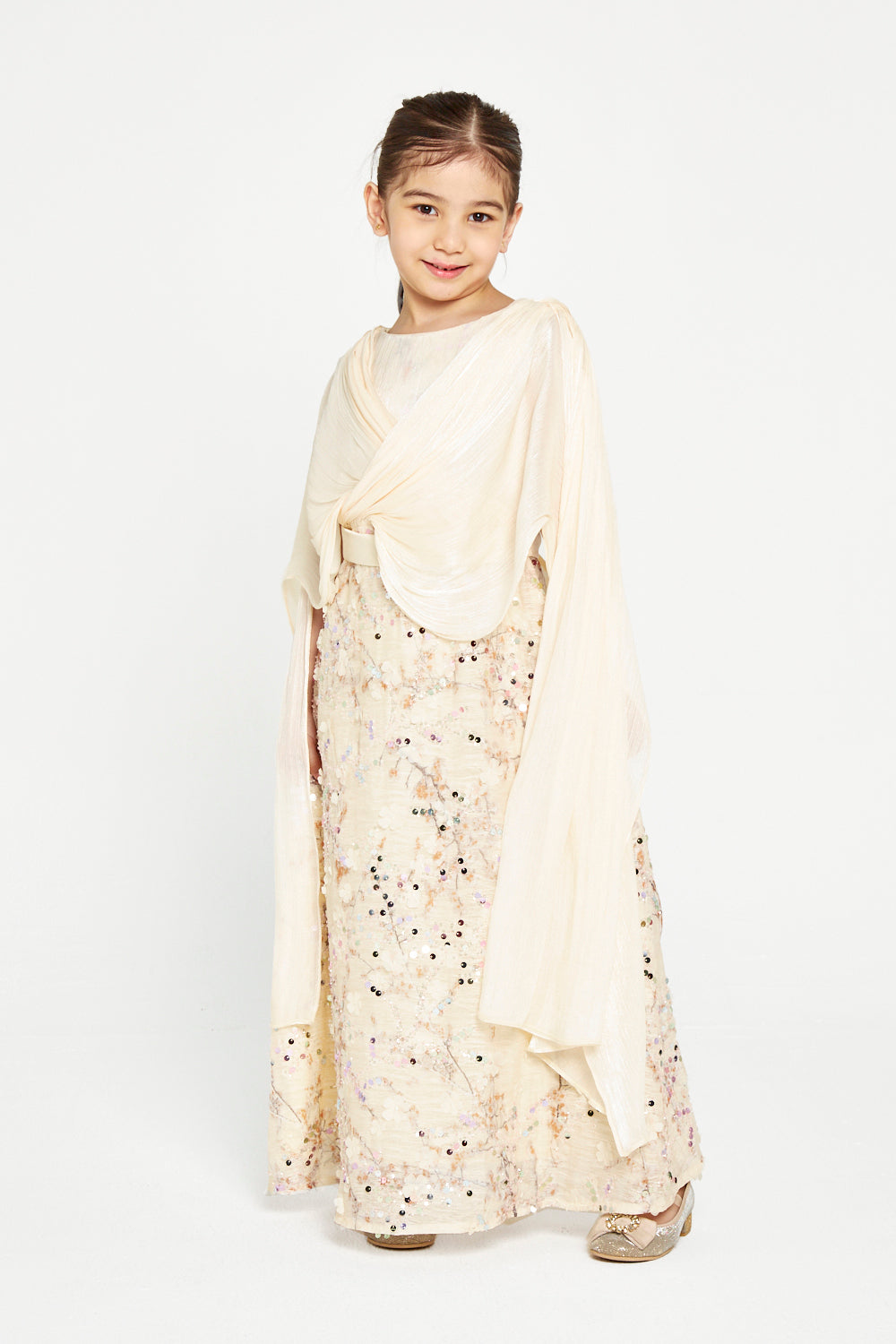 Embellished Gown with Draped Cape