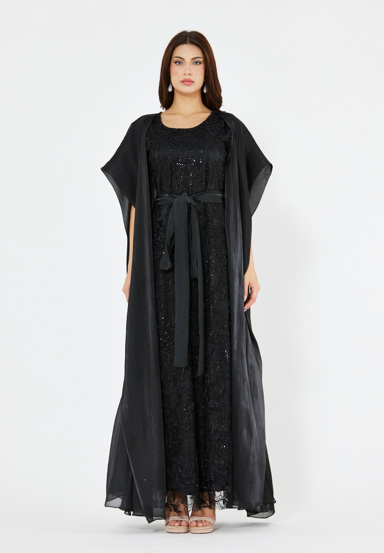 All-Over Embellished Gown With Soft Organza Sleeves