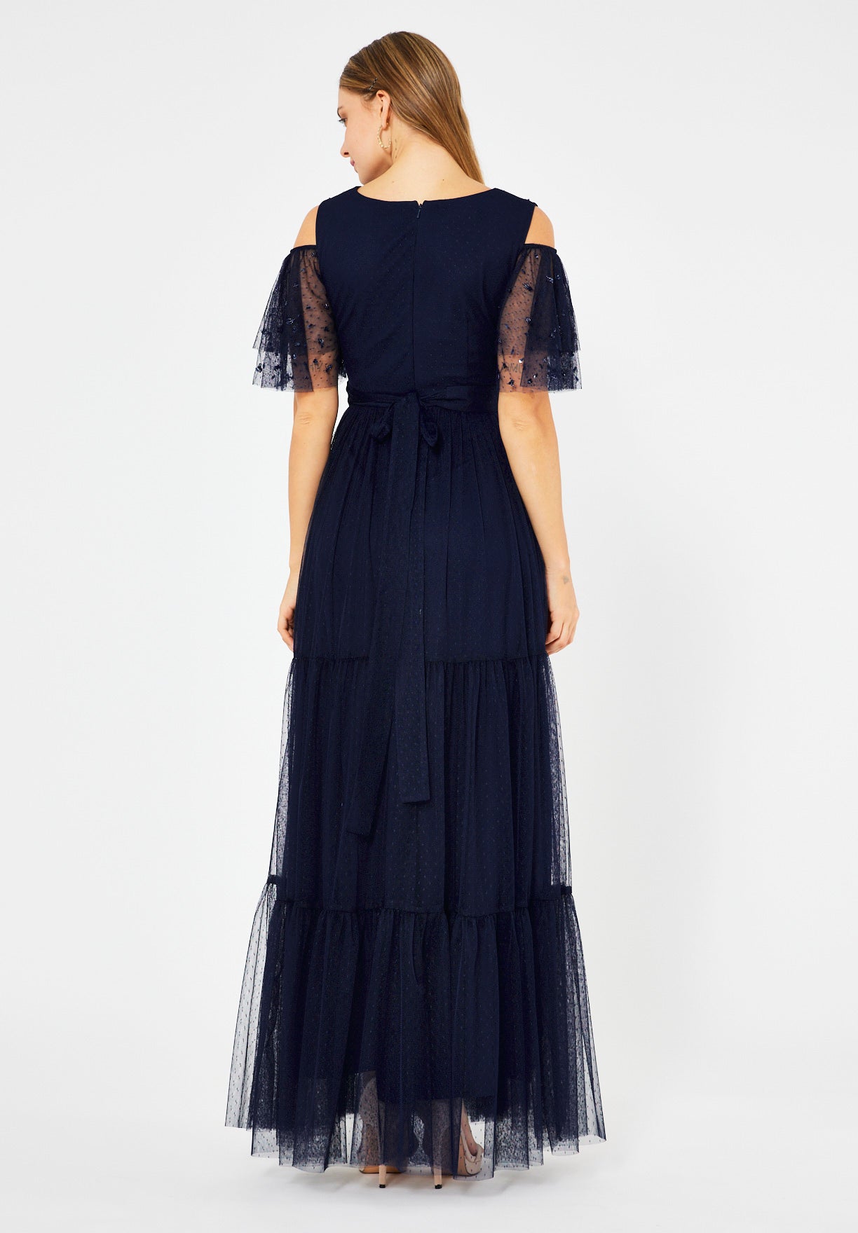 Cold-Shoulder Embroidered Tiered Tulle Gown