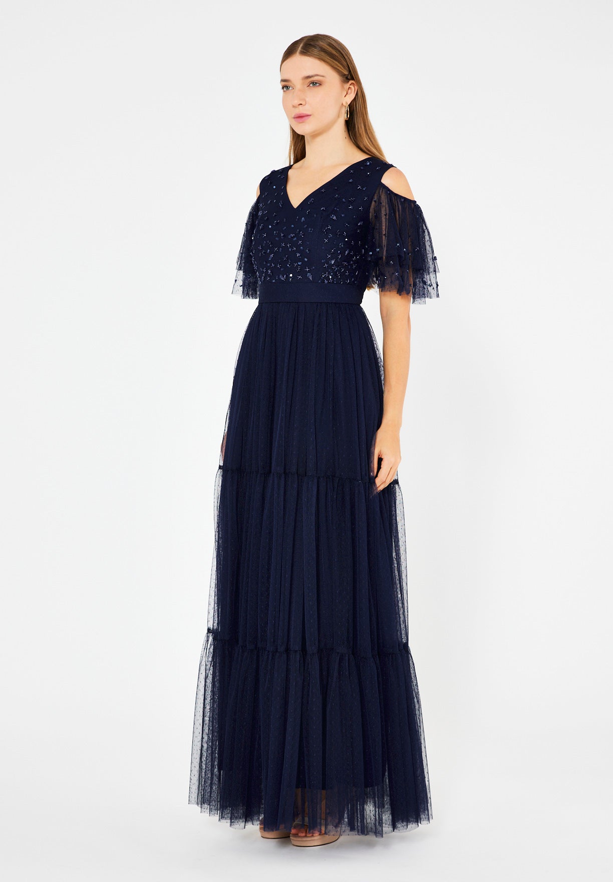 Cold-Shoulder Embroidered Tiered Tulle Gown