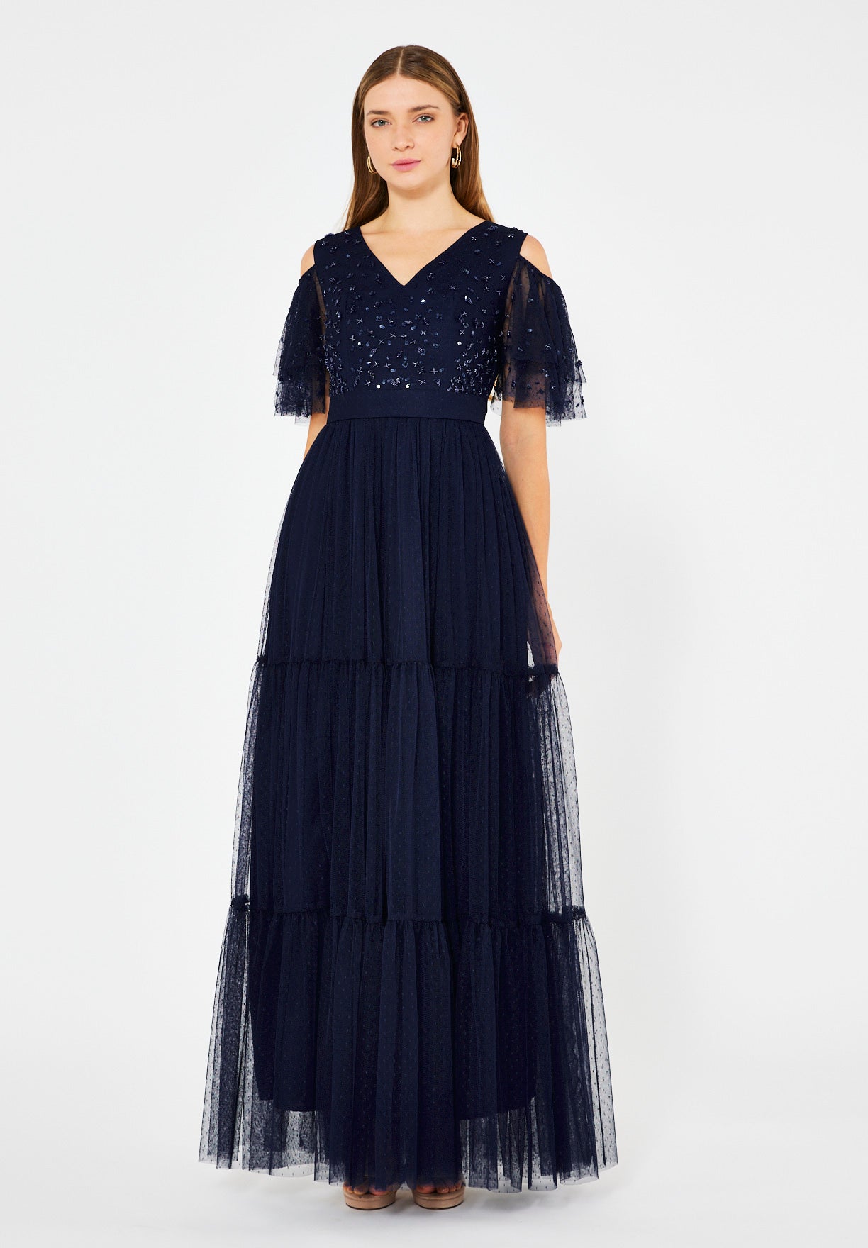 Cold-Shoulder Embroidered Tiered Tulle Gown