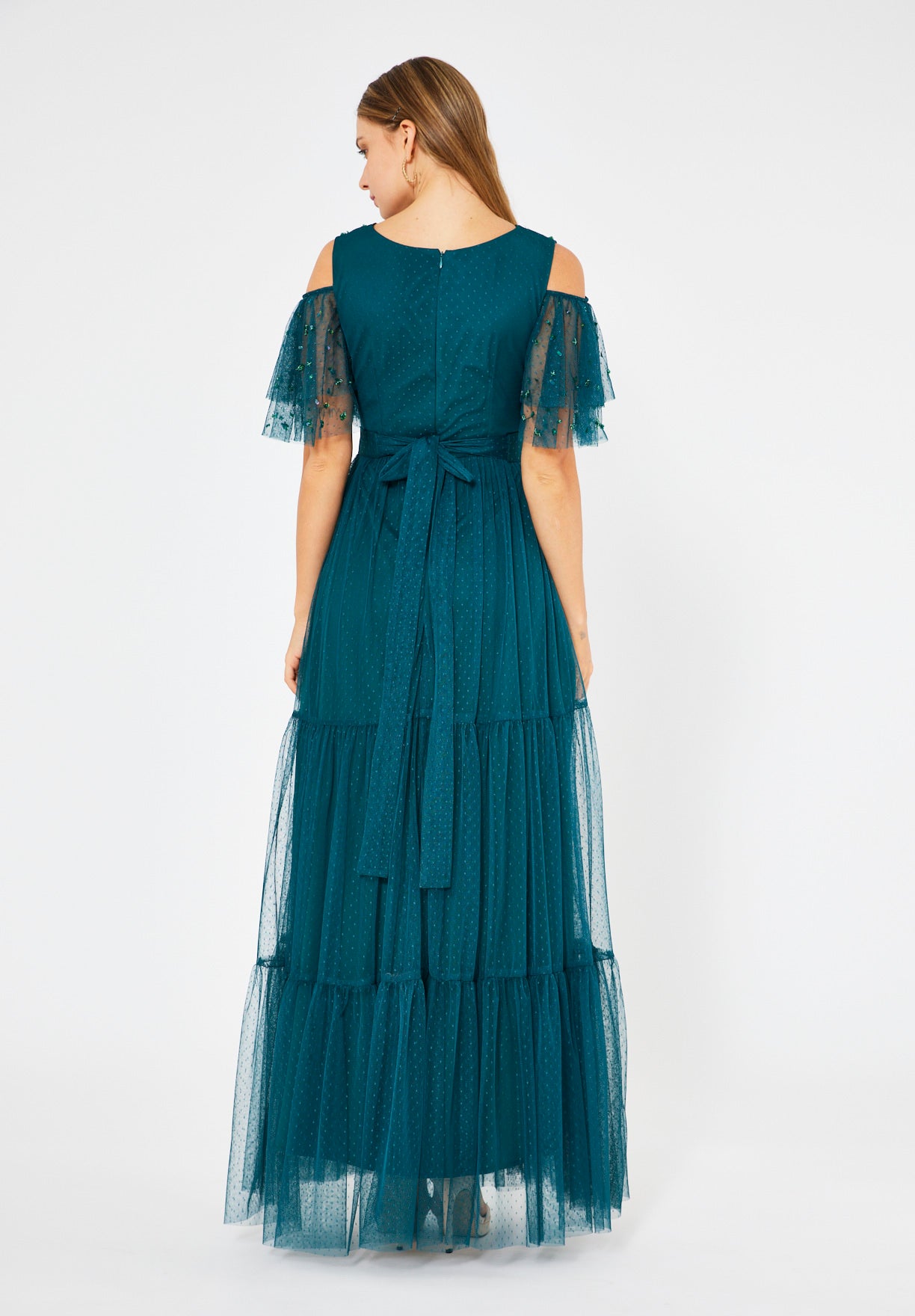 Cold-Shoulder Embroidered Tiered Tulle Gown