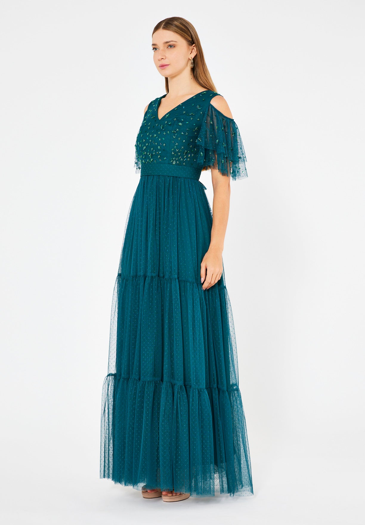 Cold-Shoulder Embroidered Tiered Tulle Gown