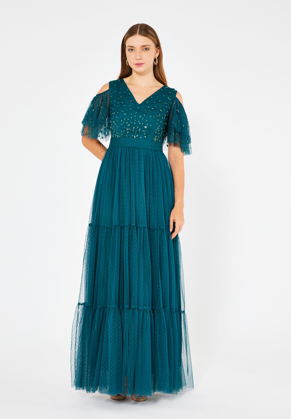 Cold-Shoulder Embroidered Tiered Tulle Gown