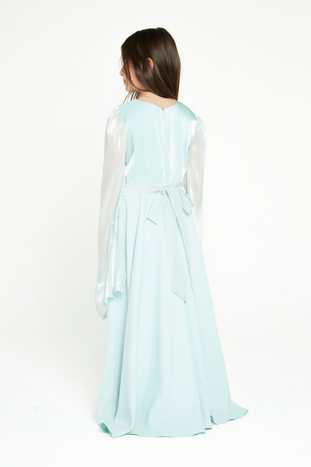 Shimmer-Sleeve Asymmetrical Gown