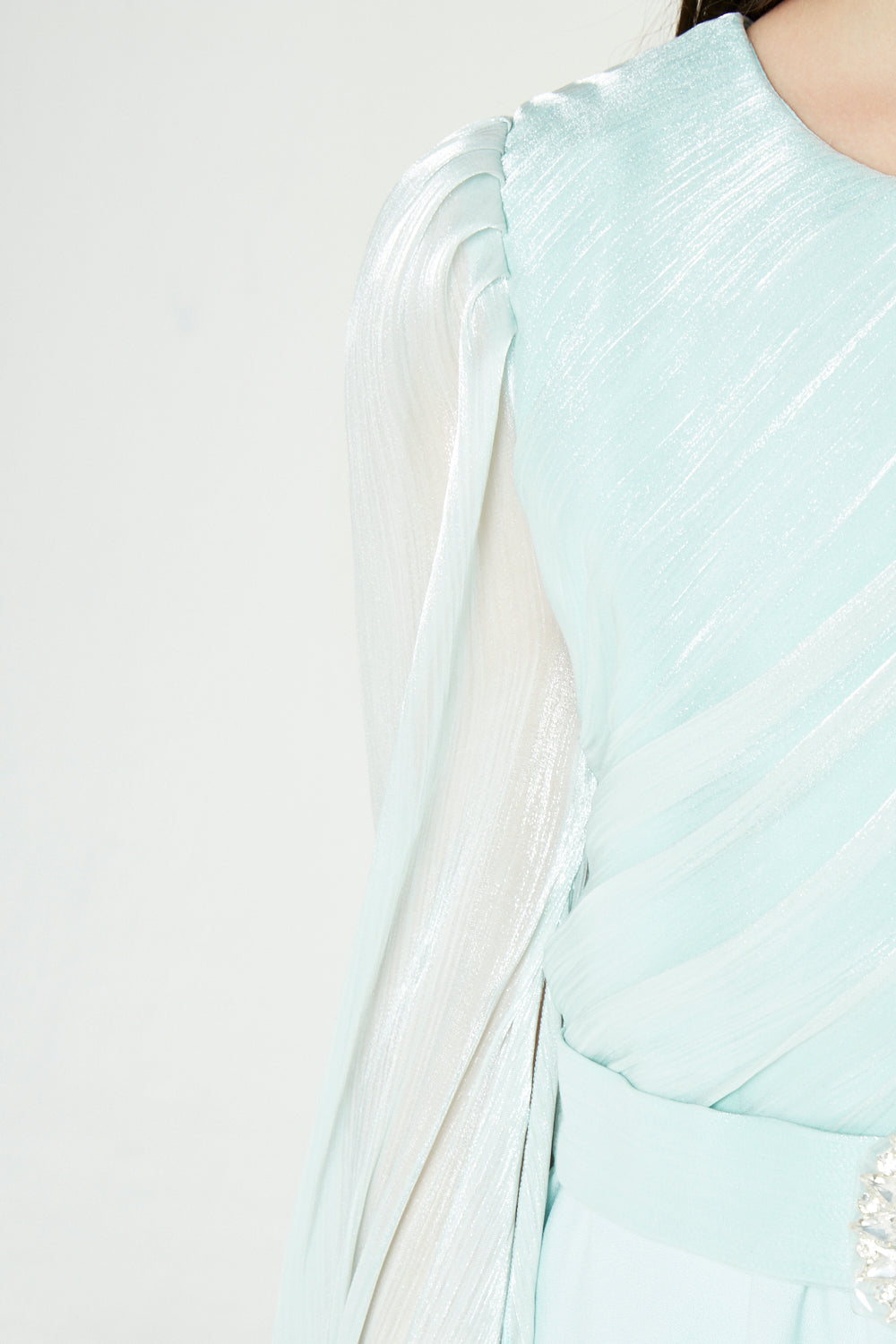 Shimmer-Sleeve Asymmetrical Gown