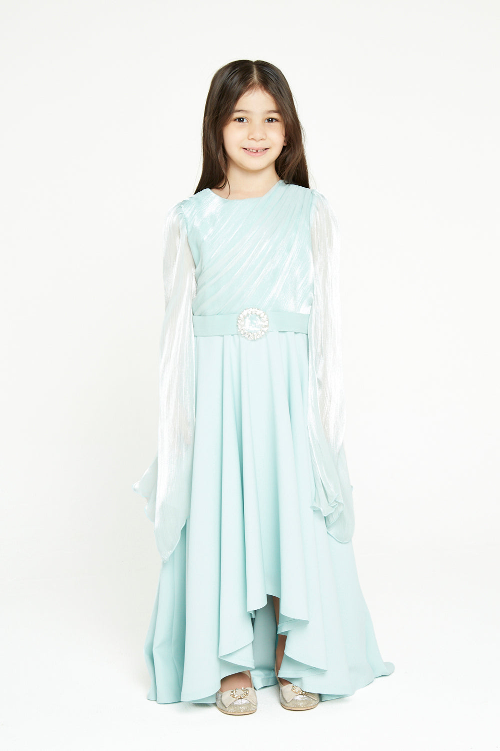 Shimmer-Sleeve Asymmetrical Gown