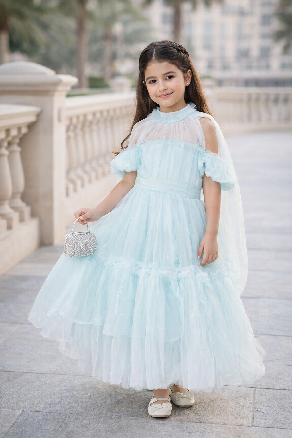 Tulle Ruffle Dress with Puff Sleeves