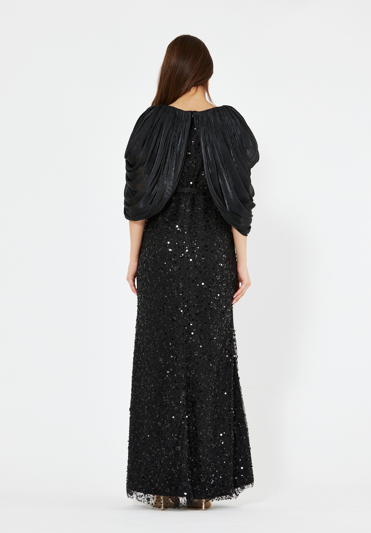 All-Over Sequined Gown with Draped Overlay