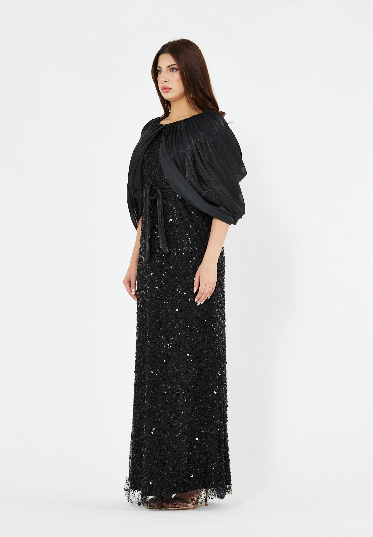 All-Over Sequined Gown with Draped Overlay
