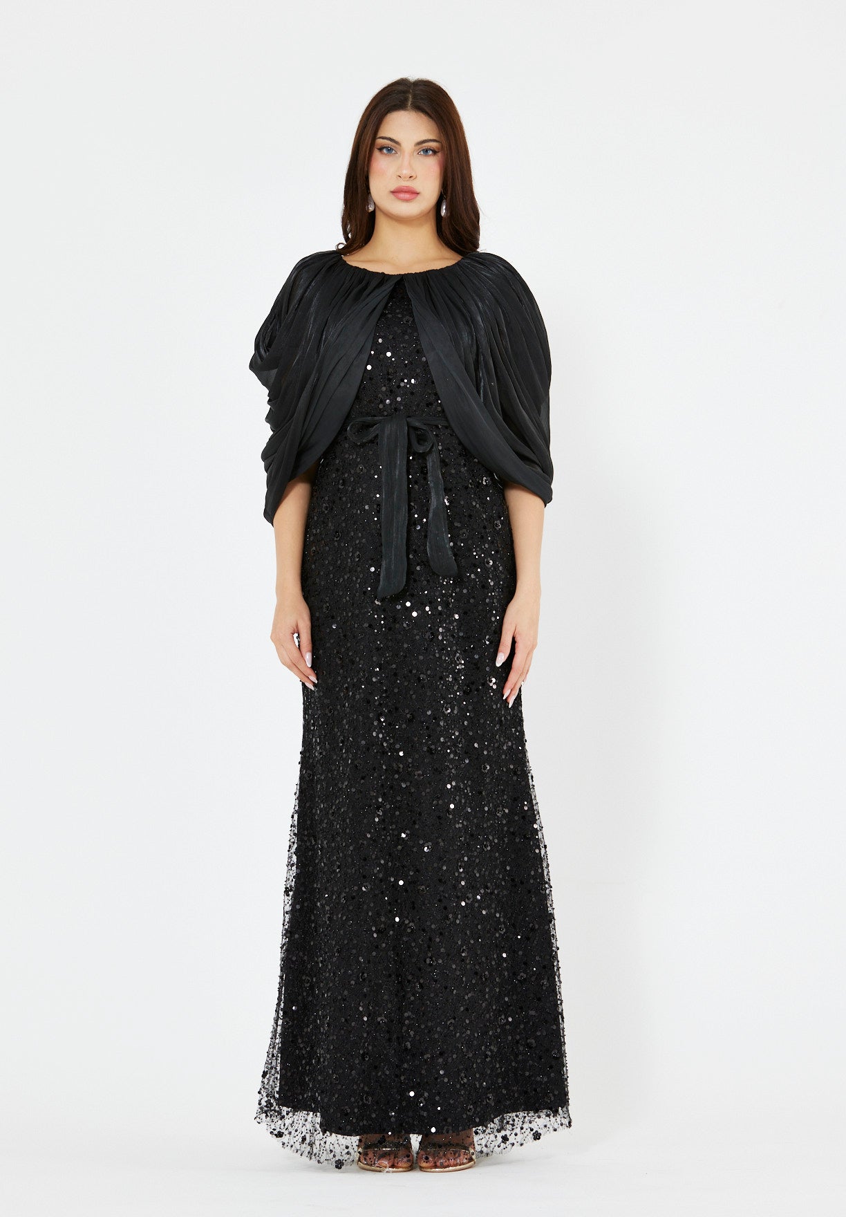 All-Over Sequined Gown with Draped Overlay