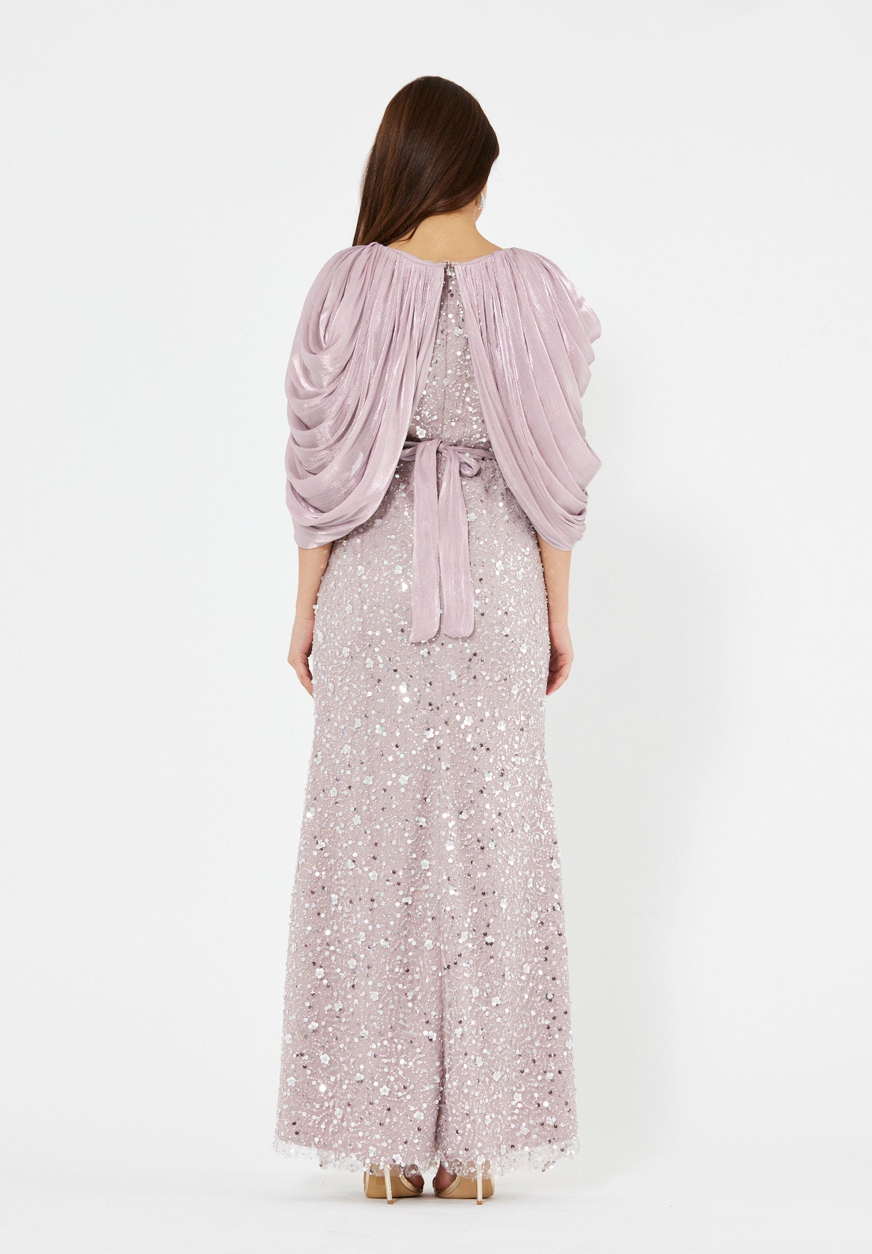 All-Over Sequined Gown with Draped Overlay