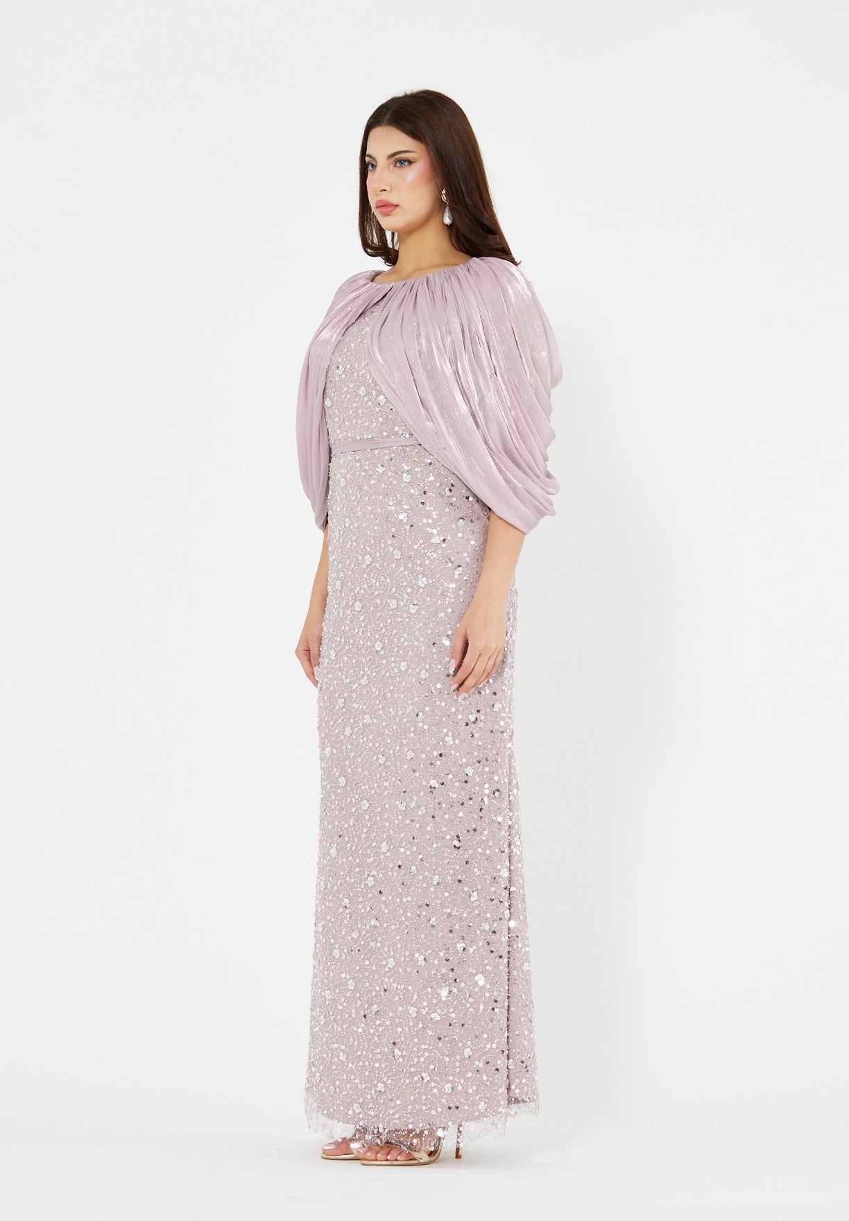 All-Over Sequined Gown with Draped Overlay