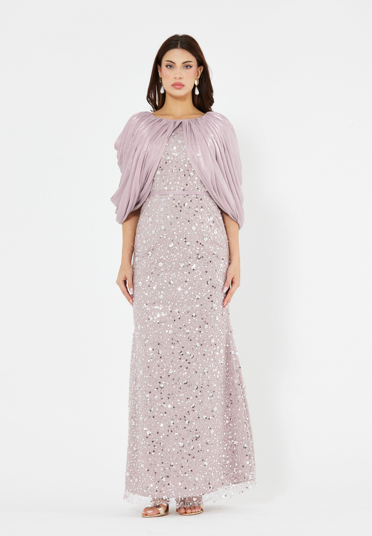All-Over Sequined Gown with Draped Overlay