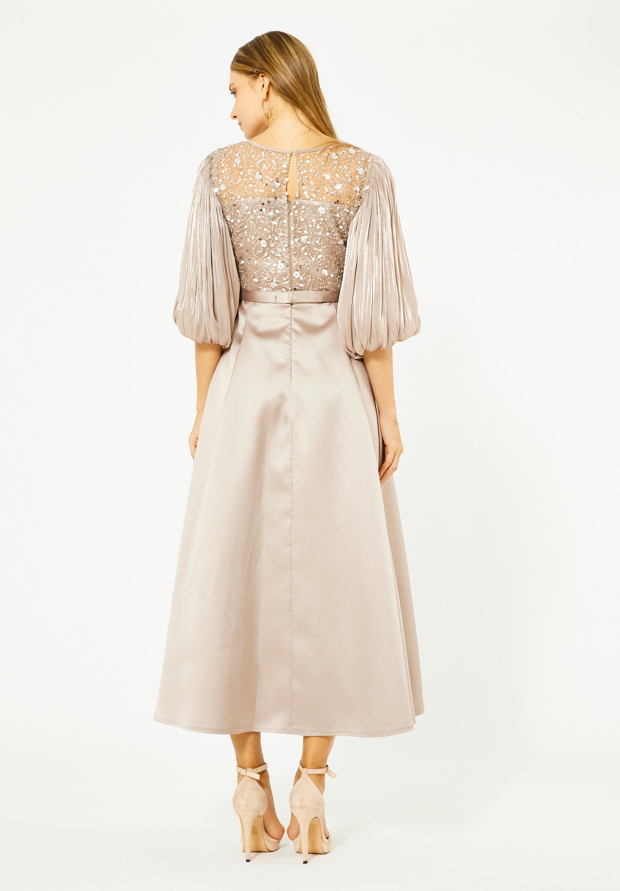 Embellished Satin Midi Dress with Pleated Organza Sleeves