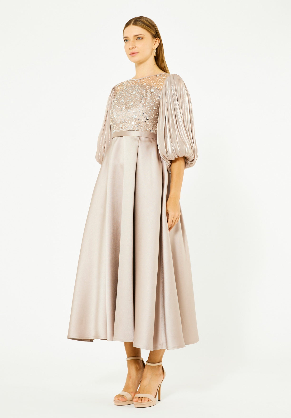 Embellished Satin Midi Dress with Pleated Organza Sleeves